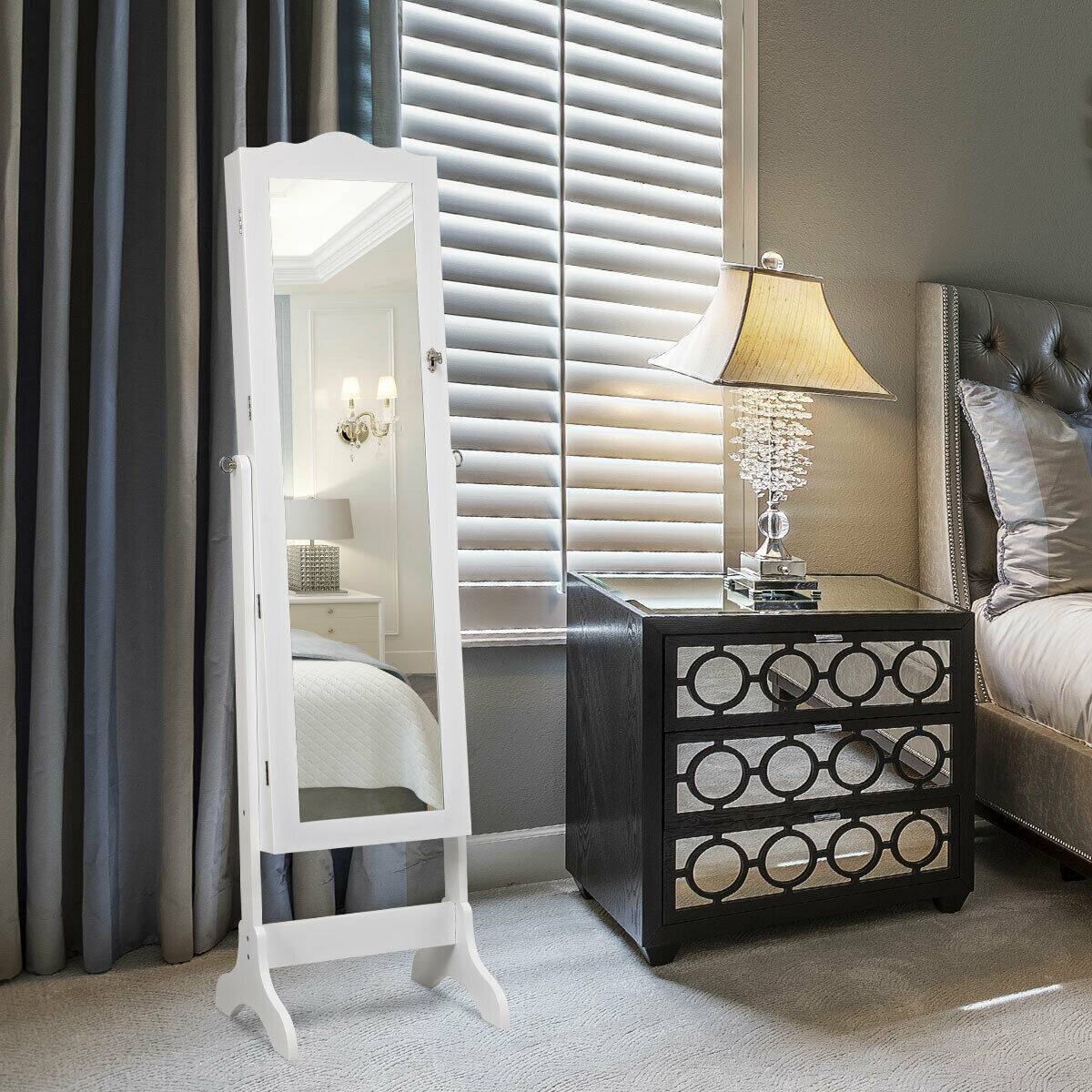 Alt View 2. Gymax - Gymax Mirrored Jewelry Cabinet Armoire Storage Organizer w/Drawer & Led Lights White - Brown.