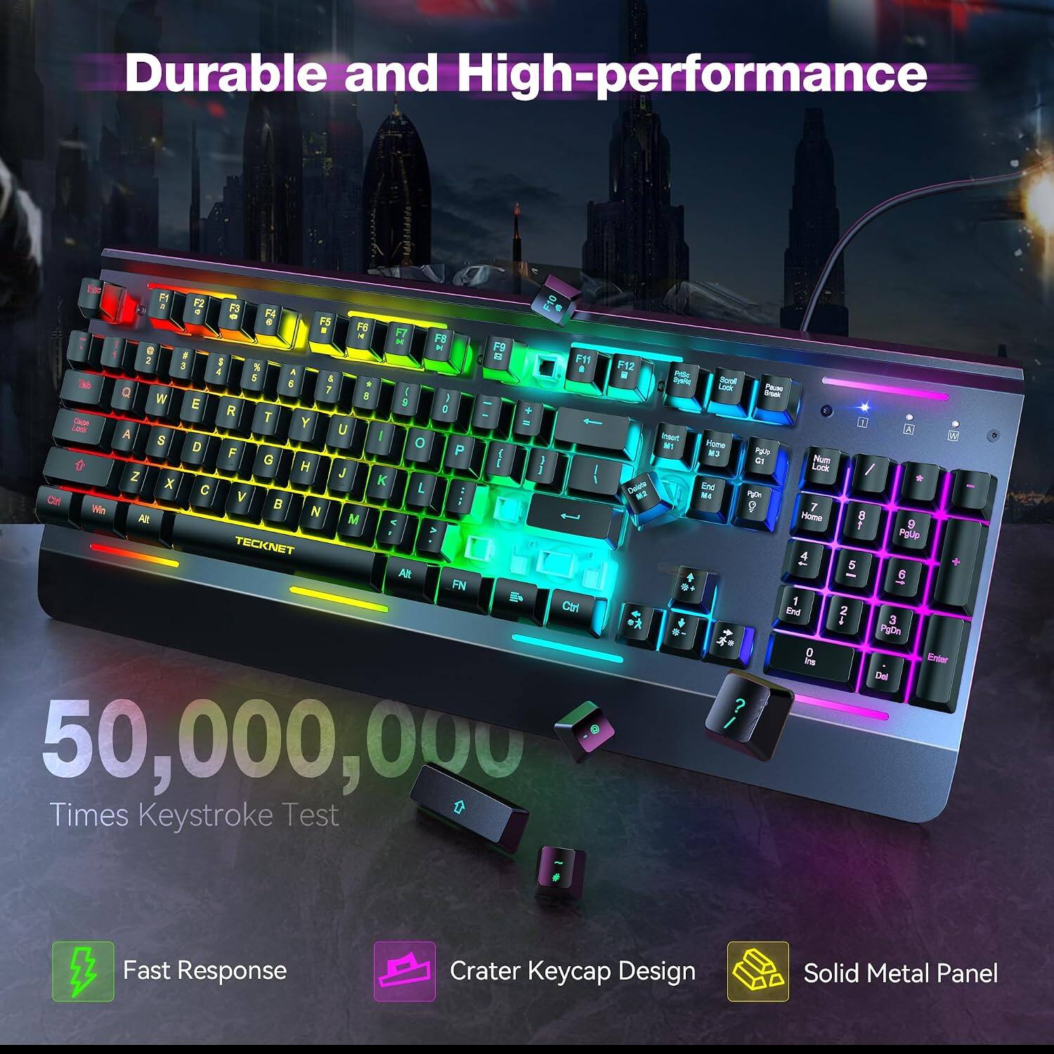 Durable and High-performance

F1 F2 F3 8 F5 F6 FT F8 0 x F9 2 F11 2 $ F12 4 Protic $ & by:Pq Scroll 6 Look Pausa Q 7 ) State W 8 ( E R O T Y Look A U $ 1 Indert D 0 M1 Fami F P CM Palo G ! G) Num H ] Lock / Z J X K End C V L Delers 164 PA Wo 0 7 N Home 8 All M t 9 > PgUp TECKNET 4 5 Alt 6 FN g+ 1 Ctrl End 2 1 3 PgOn 0 Ins Enter Dol ? 50,000,000 Times Keystroke Test

Fast Response
Crater Keycap Design
Solid Metal Panel