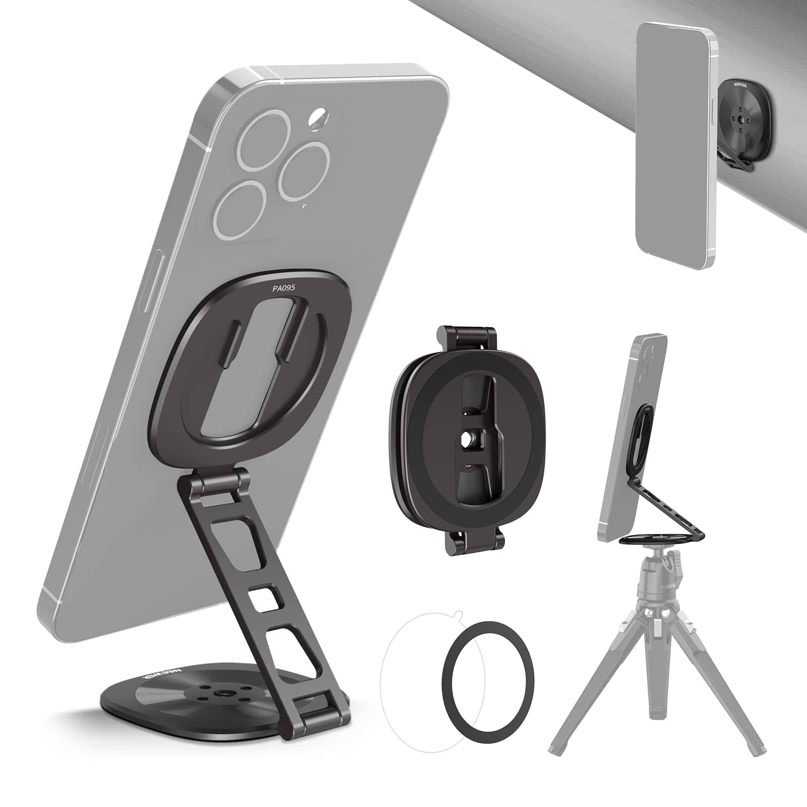 Neewer - Dual Magnetic Phone Ring Holder, 1/4" Thread & Cold Shoe, Foldable - Black