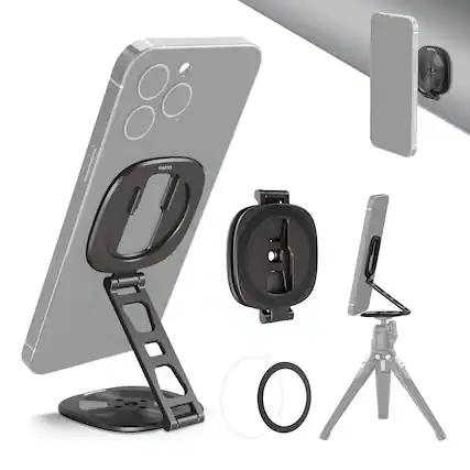 Front. Neewer - Dual Magnetic Phone Ring Holder, 1/4" Thread & Cold Shoe, Foldable - Black.