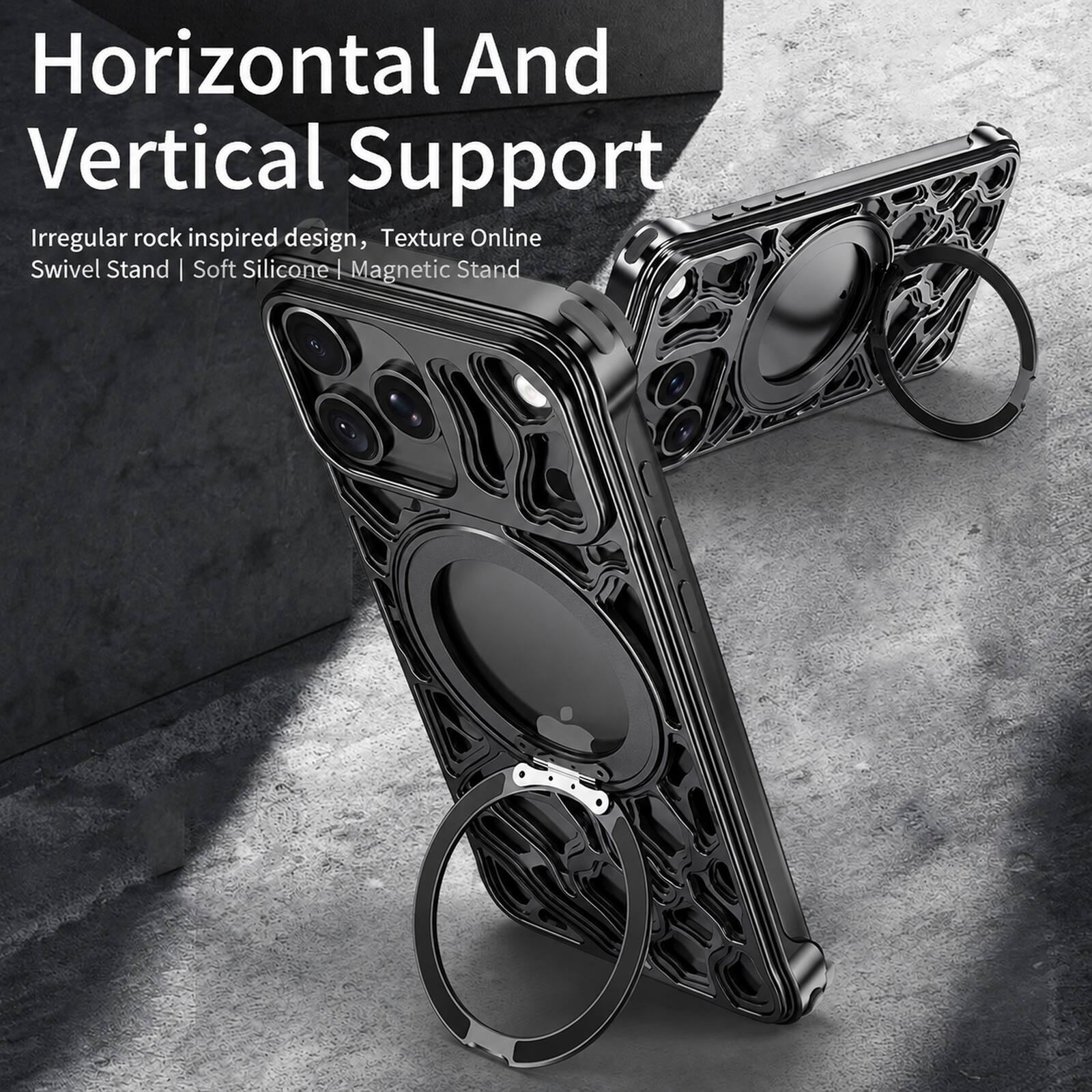 Horizontal And Vertical Support  
Irregular rock inspired design, Texture Online Swivel Stand | Soft Silicone | Magnetic Stand