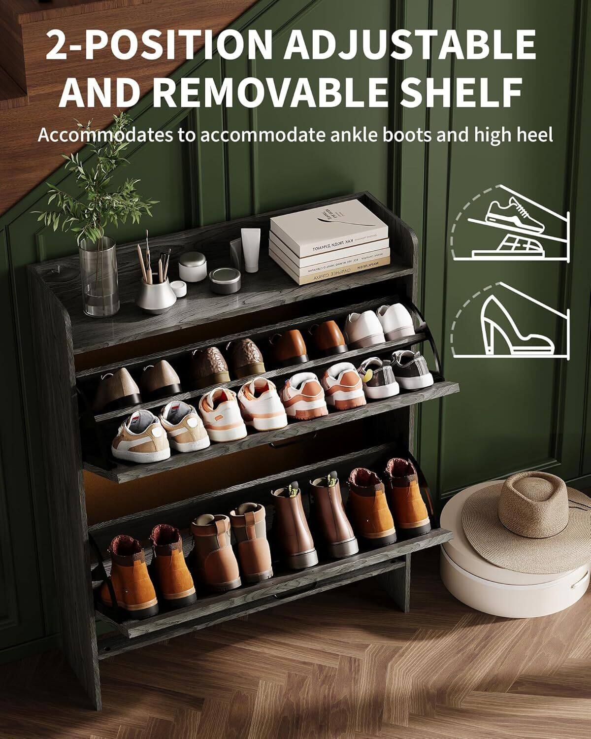 2-POSITION ADJUSTABLE AND REMOVABLE SHELF  
Accommodates to accommodate ankle boots and high heel