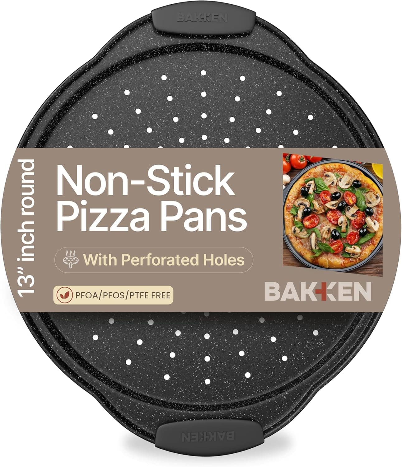 Bakken- Swiss - Bakken Round Pizza Pan – Perforated Carbon Steel, Non-Stick Marble Coating, Silicone Handle, Dishwasher Safe - Gray