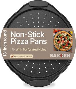 Bakken- Swiss - Bakken Round Pizza Pan – Perforated Carbon Steel, Non-Stick Marble Coating, Silicone Handle, Dishwasher Safe - Gray