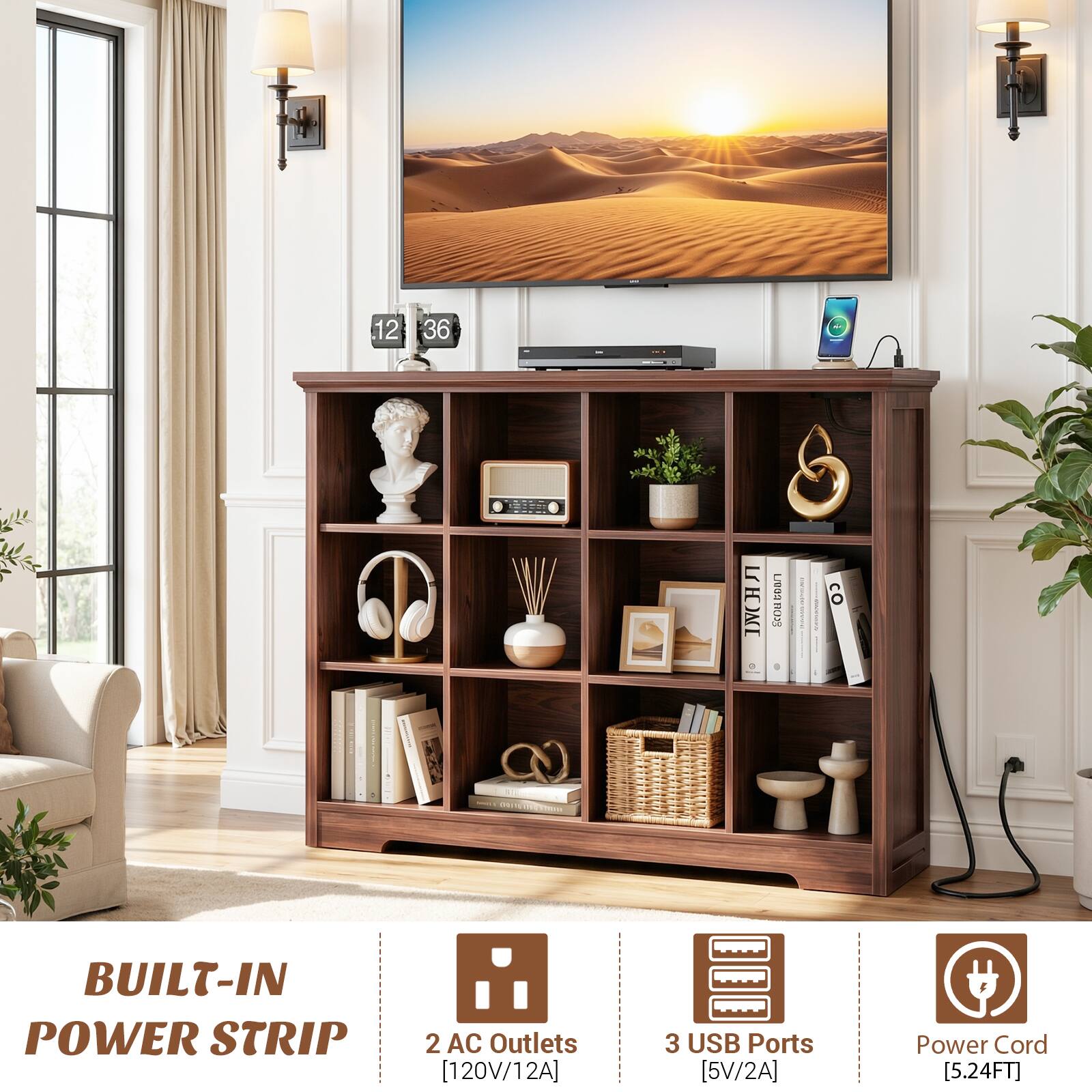 12 36 MH LeGS TOUS

BUILT-IN POWER STRIP

2 AC Outlets [120V/12A]

3 USB Ports [5V/2A]

Power Cord [5.24FT]