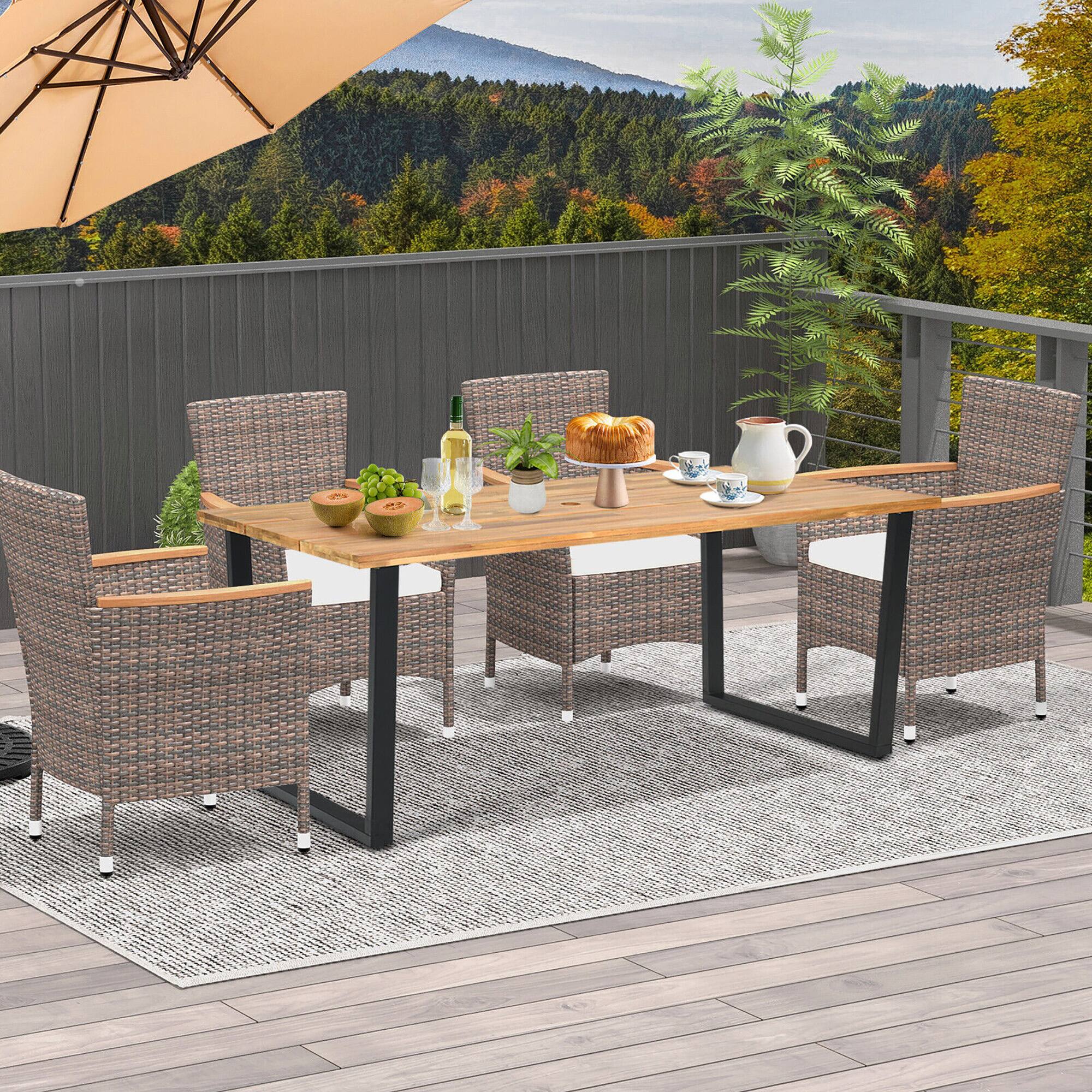 Alt View 3. Gymax - Gymax Patio Rectangle Dining Table Acacia Wood w/ 2'' Umbrella Hole Indoor & Outdoor Deck - Natural + Black.