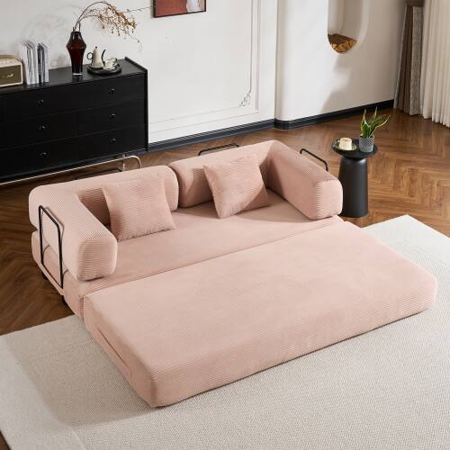 Angle. Anysun - Corduroy Convertible Sleeper Sofa Bed with Cylindrical Pillow - Folding Mattress Couch for Living Room & Bedroom - Pink.