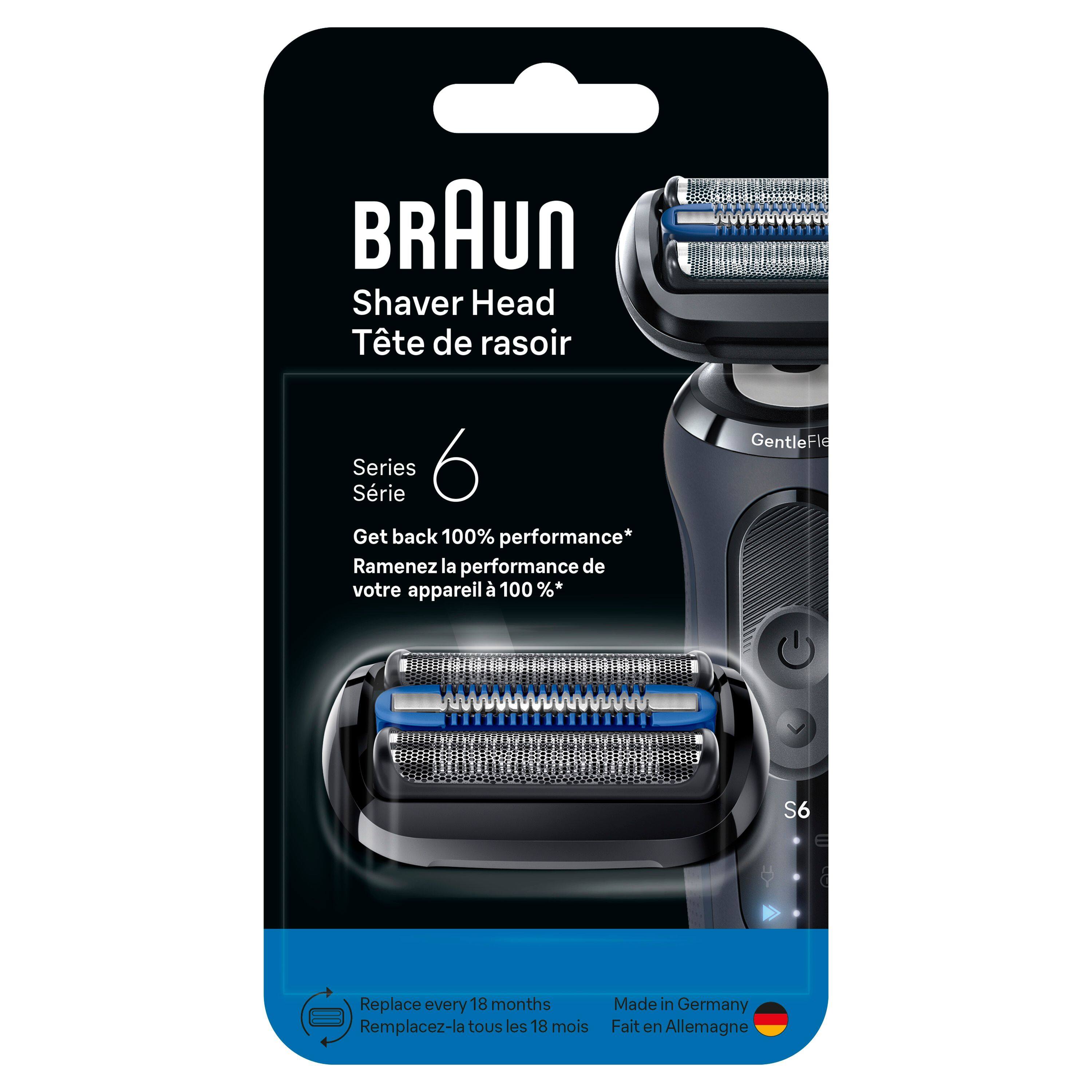 BRAUN Shaver Head  
Tête de rasoir  
Series 6  
Série 6  

Get back 100% performance*  
Ramenez la performance de votre appareil à 100 %*  

GentleFlex S6  

Replace every 18 months  
Remplacez-la tous les 18 mois  

Made in Germany  
Fait en Allemagne