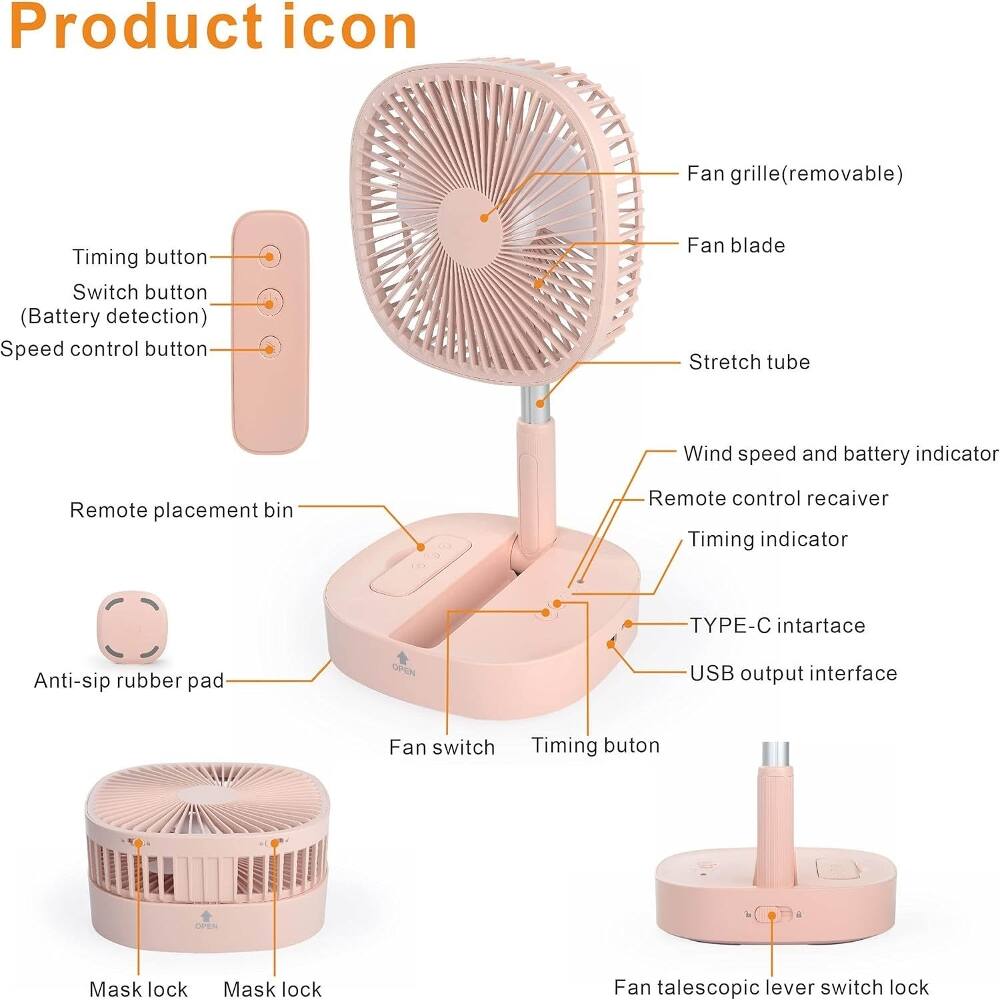Product icon  
Fan grille (removable)  
Timing button  
Switch button (Battery detection)  
Speed control button  
Fan blade  
Stretch tube  
Wind speed and battery indicator  
Remote placement bin  
Remote control receiver  
Timing indicator  
TYPE-C interface  
Anti-slip rubber pad  
USB output interface  
Fan switch  
Timing button  
Mask lock  
Mask lock  
Fan telescopic lever switch lock