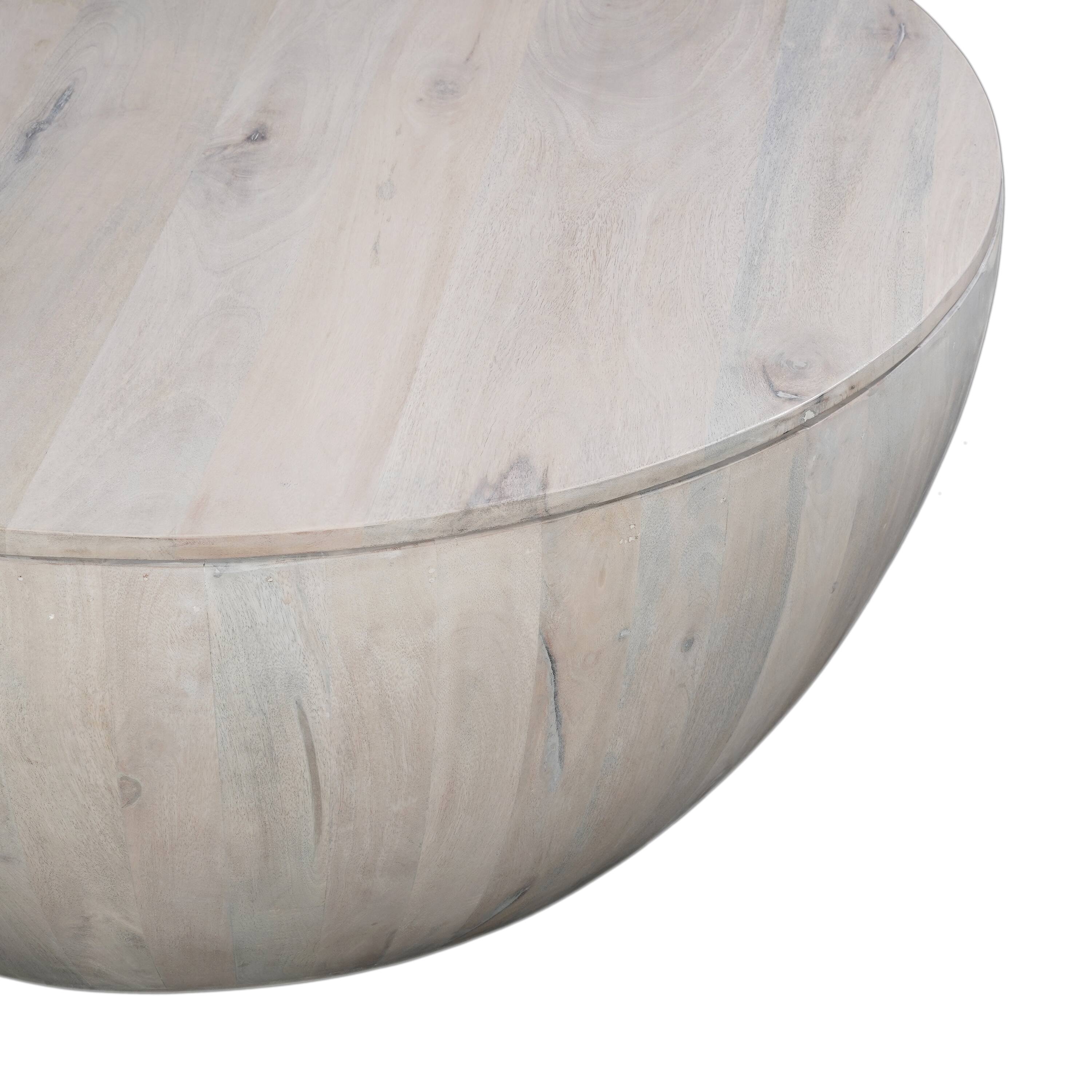 Alt View 3. Manhattan Lane - 37 Inch Round Coffee Table, Handcrafted Drum Shape with Storage, Washed White Mango Wood - White.