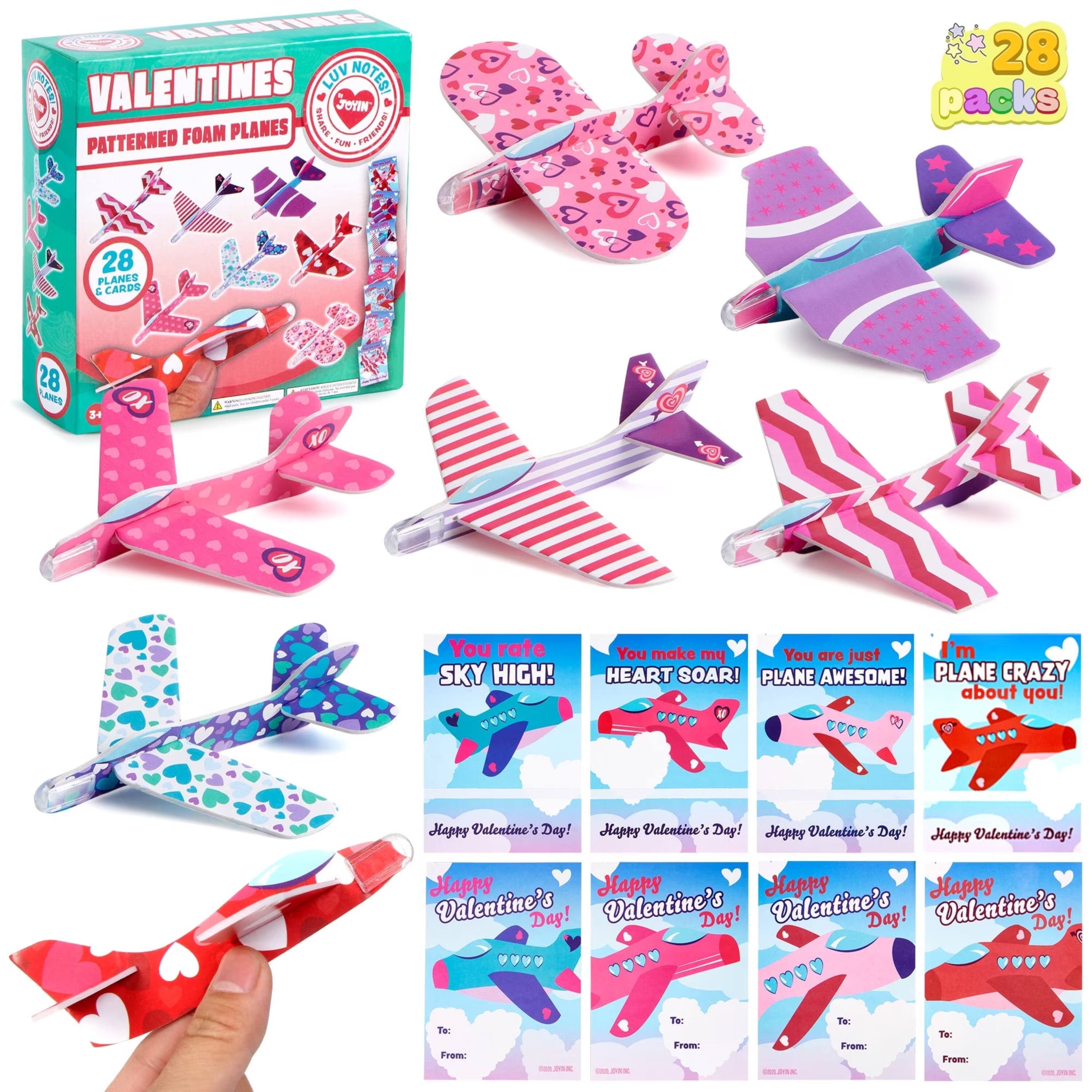 28 Packs Valentines Day Foam Airplanes With Cards for School Class Exchange Toys Gifts Kid's Gift - Pink