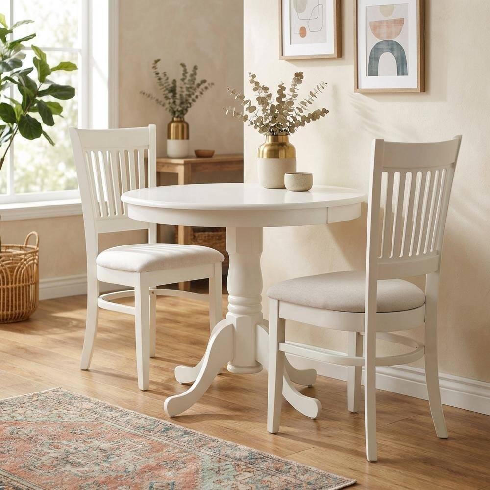 Alt View 3. FurniFact - White Solid Wood Dining Table for 2 with Chairs - Linen White.