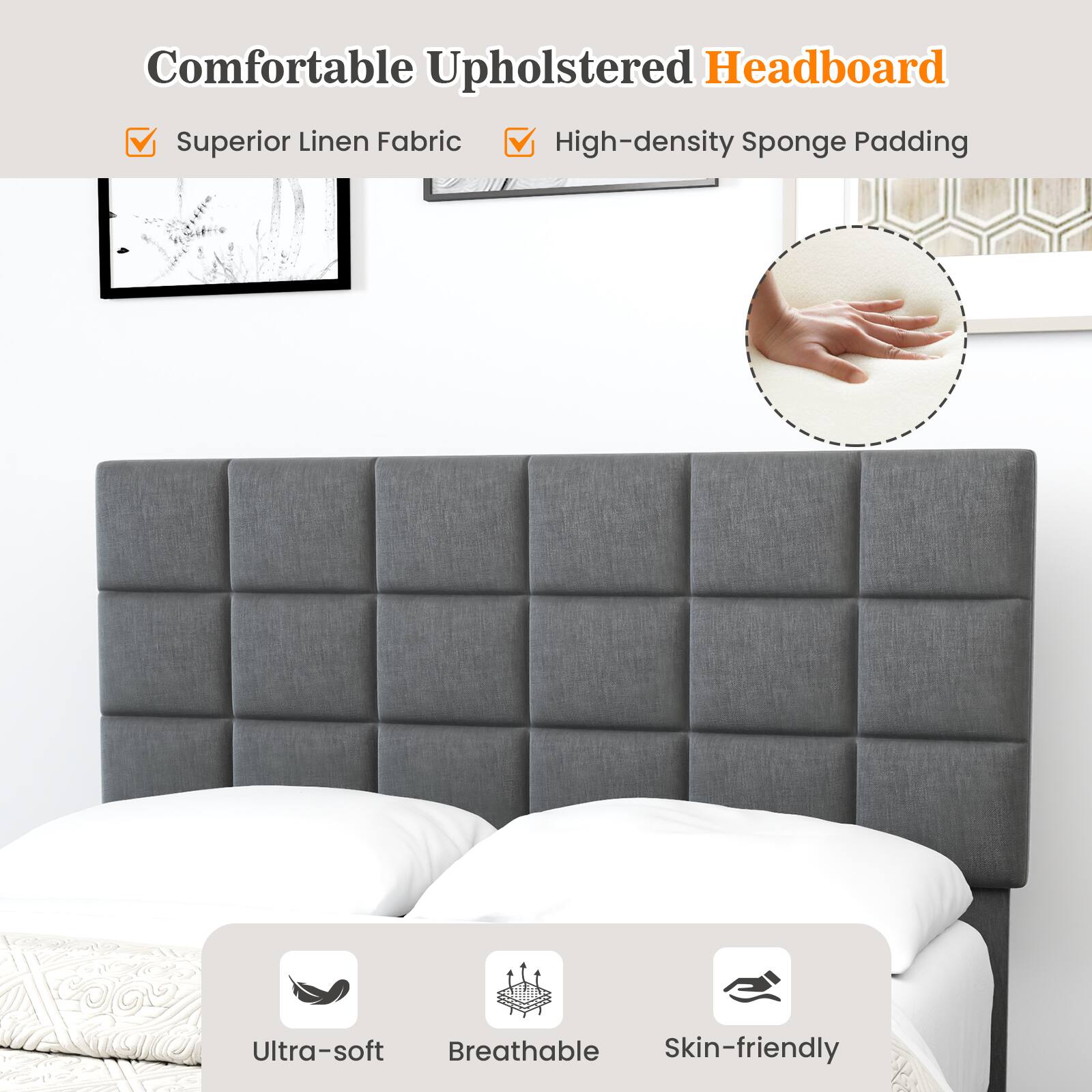 Comfortable Upholstered Headboard, Superior Linen Fabric, High-density Sponge Padding, Ultra-soft, Breathable, Skin-friendly