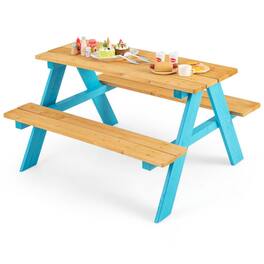Pefilos - Children Outdoor Wooden Table with Bench Seats for Indoor and Outdoor Use-Natural, Toddler Table and Chair Set for Arts - Blue