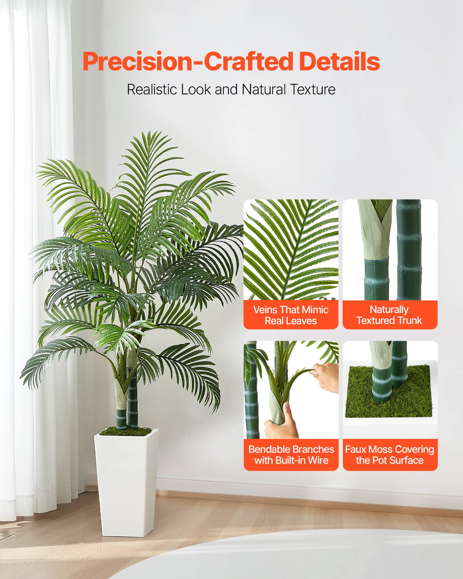 Precision-Crafted Details  
Realistic Look and Natural Texture  

Veins That Mimic Real Leaves  
Naturally Textured Trunk  
Bendable Branches with Built-in Wire  
Faux Moss Covering the Pot Surface