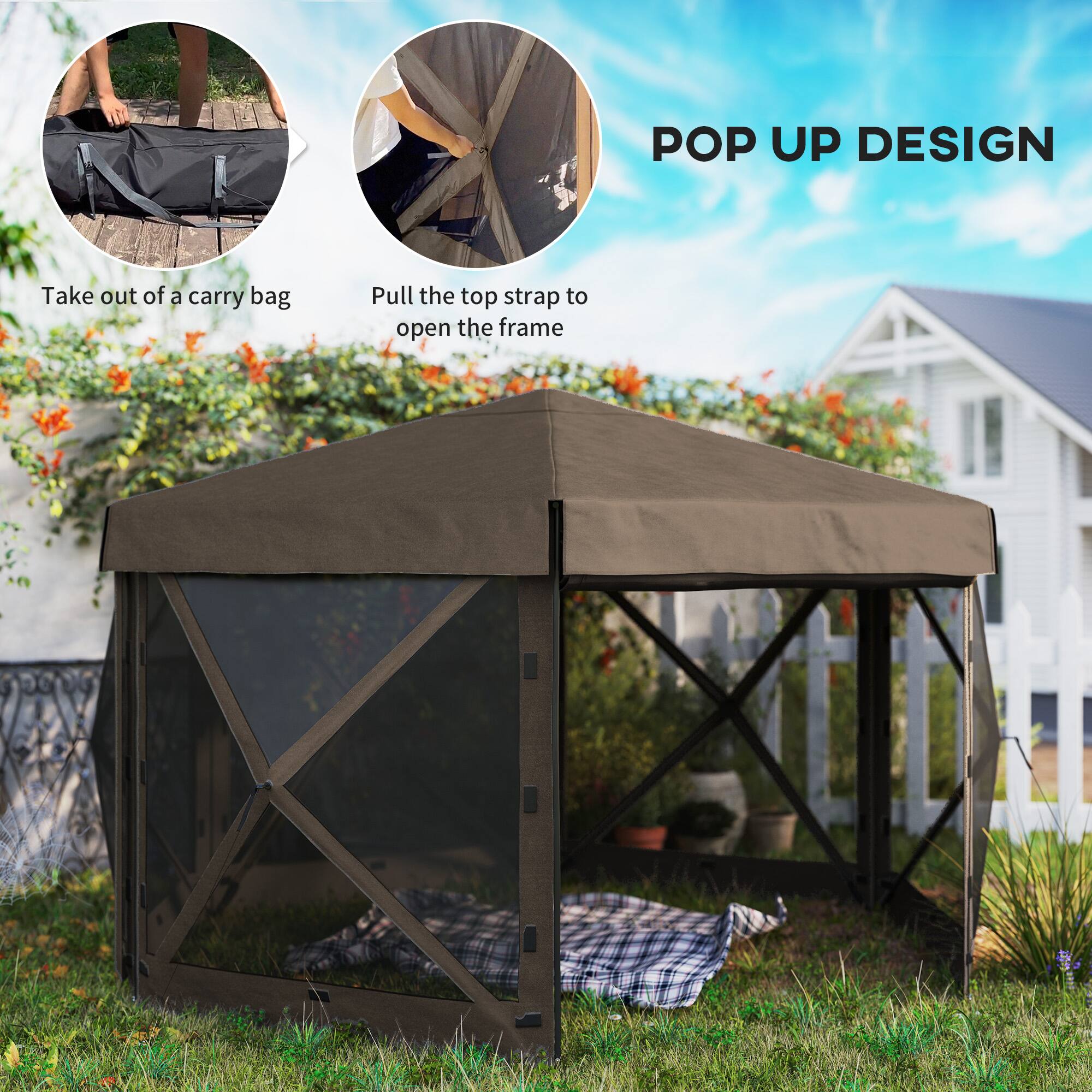 POP UP DESIGN

Take out of a carry bag

Pull the top strap to open the frame