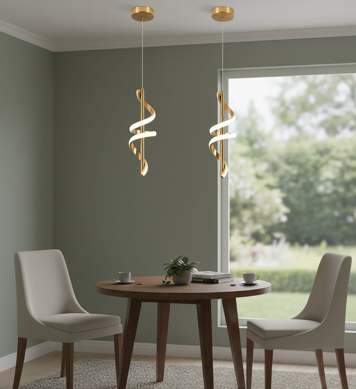 Alt View 4. FINEAK - Spiral Gold LED Pendant Light Fixtures - 5500K Cold White, Modern Adjustable Height Hanging Lights.