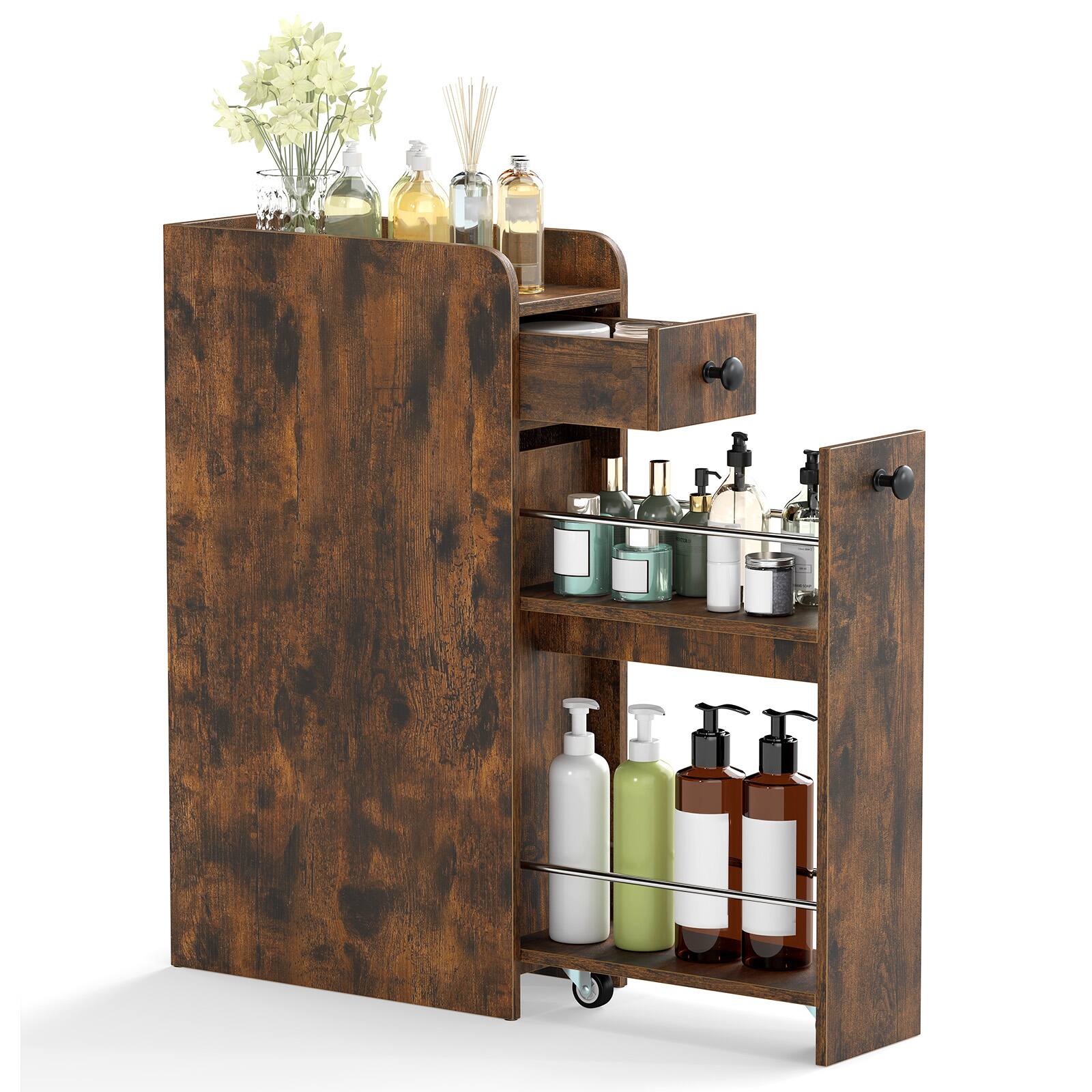 Costway - Slim Bathroom Storage Cabinet with Slide Out Drawer Spacious Top Rolling Wheels - Rustic Brown