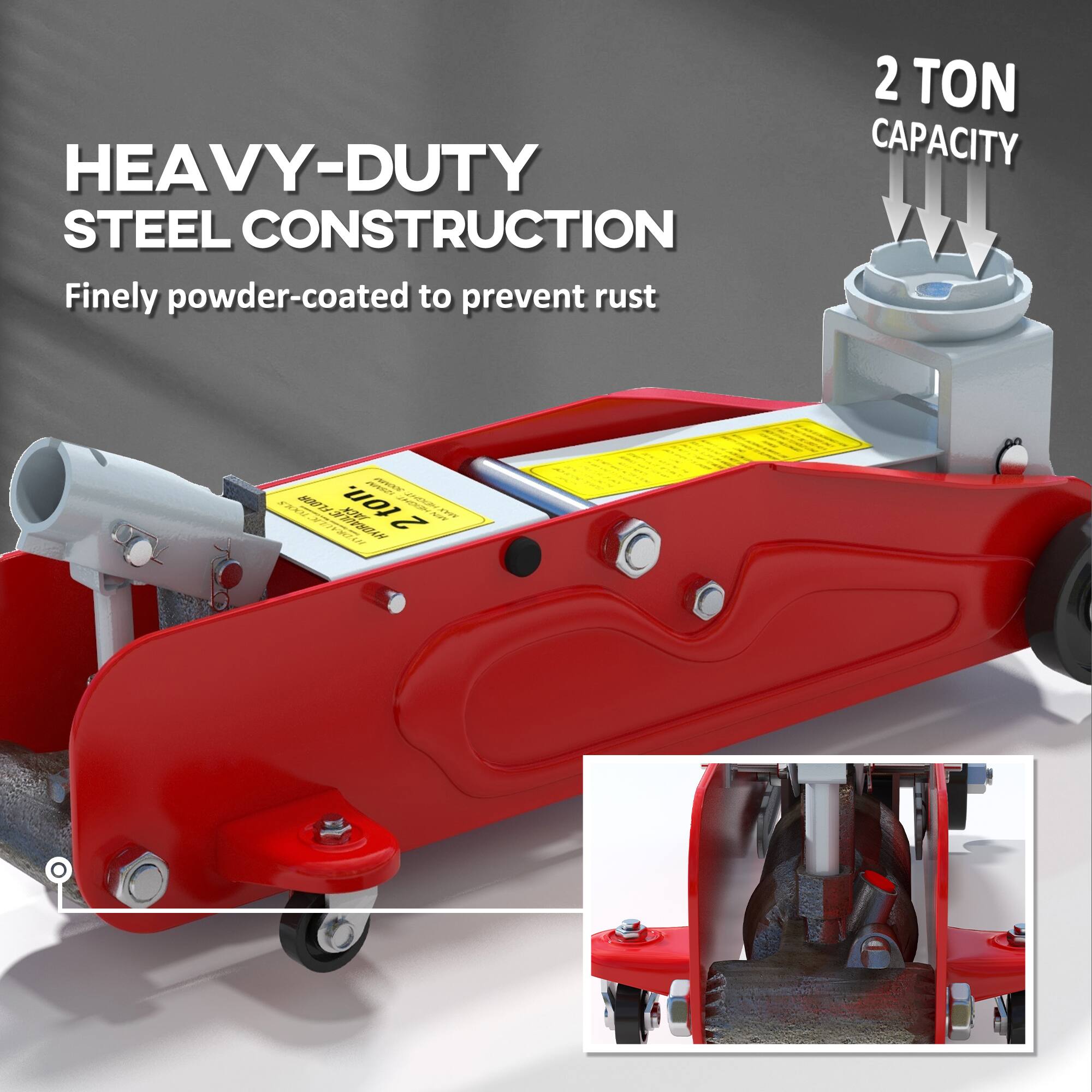 HEAVY-DUTY STEEL CONSTRUCTION  
Finely powder-coated to prevent rust  

2 TON CAPACITY  

PAREZI HYDRAULIC TOOLS FLOOR HYDRAULIC JACK