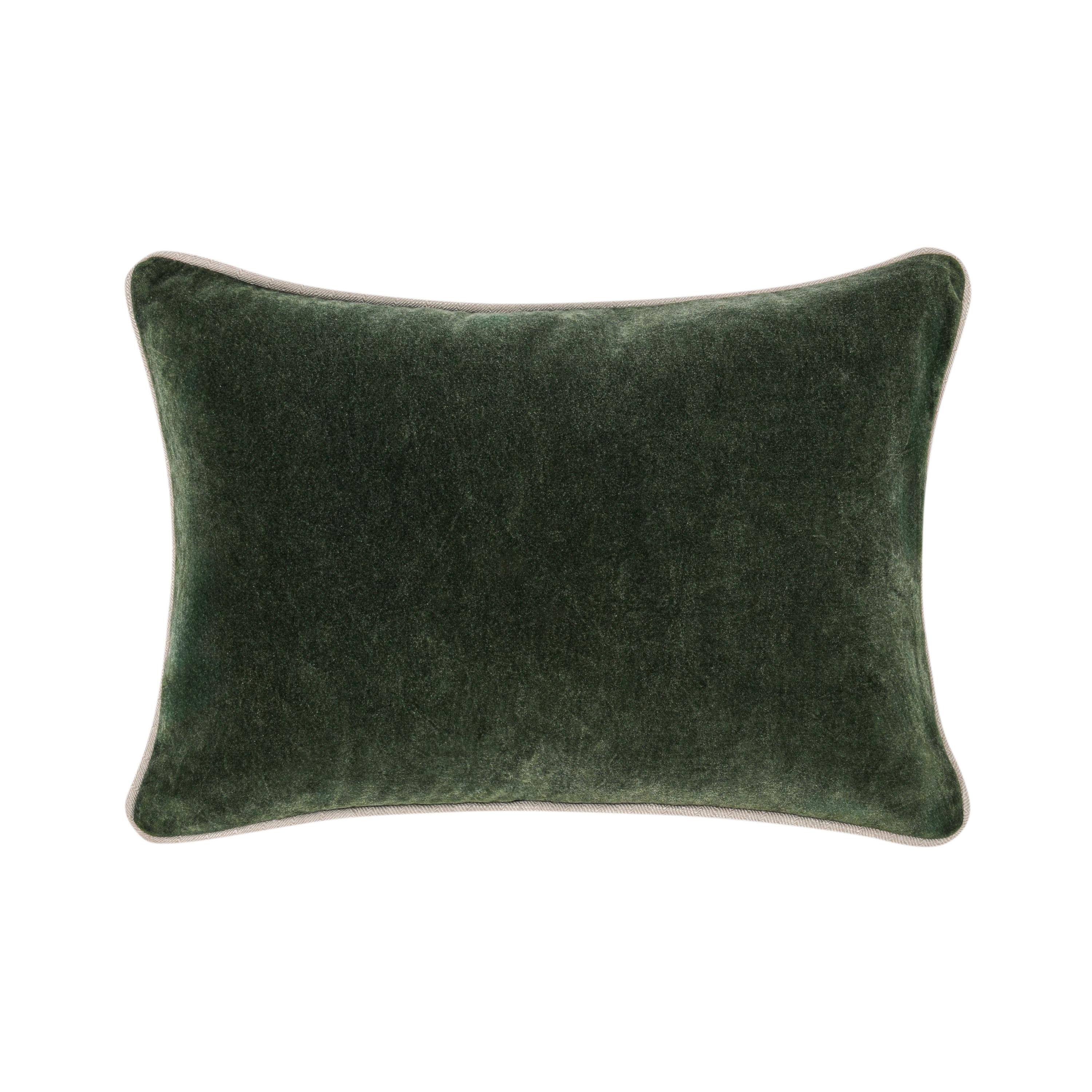 Front. Manhattan Lane - May Lumbar Accent Pillow, 14 x 20 Stonewash Forest  Cotton Velvet - Forest Green, Natural Beige.