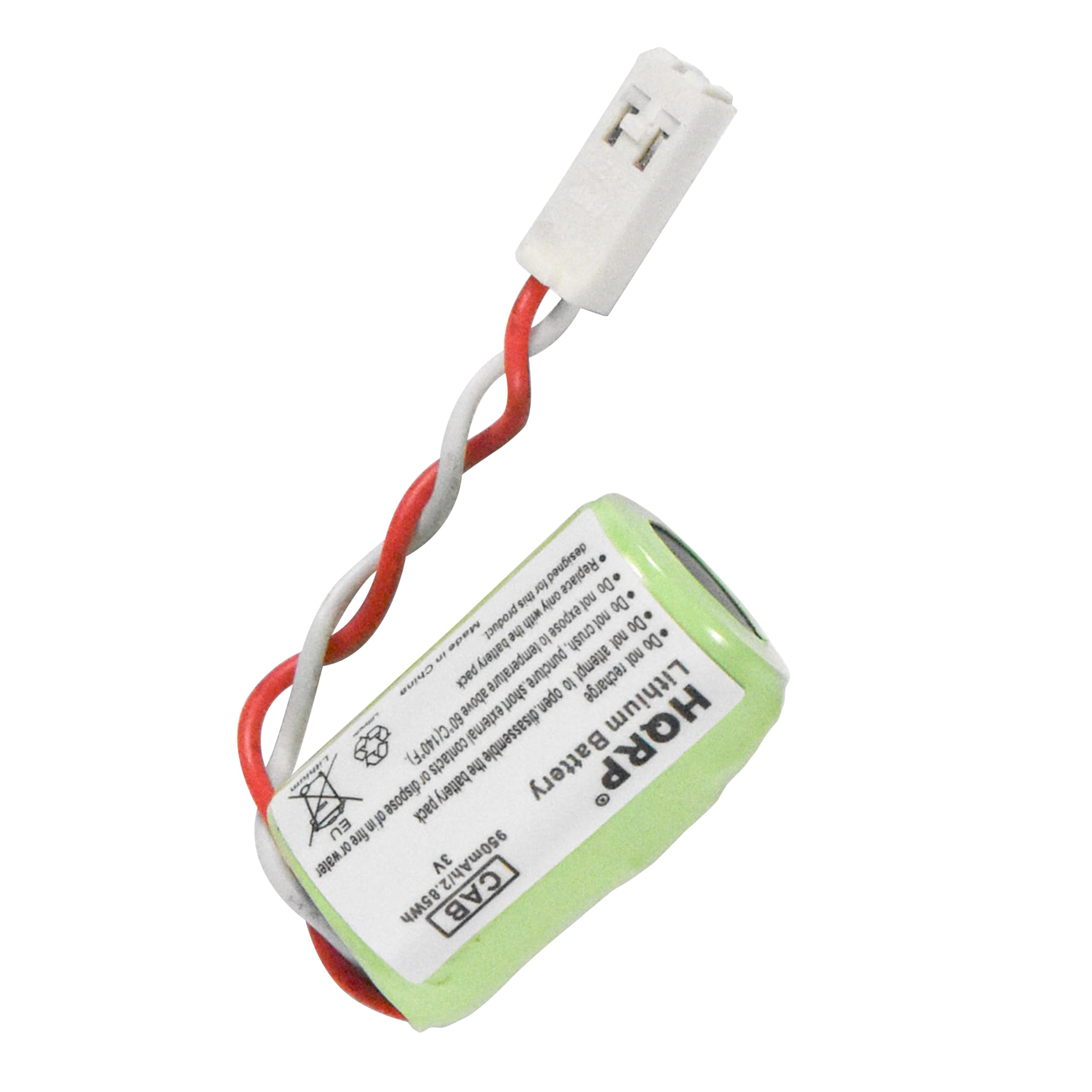 Designed for Do not expose to fire. Do not crush, puncture, or dispose of in water. Do not disassemble. Do not recharge. Do not short the contacts. Do not expose to temperatures above 140°F (60°C). Made in China. 3V, 950mAh/2.09Wh. Lithium-ion battery pack. HQRP EU. CAB.