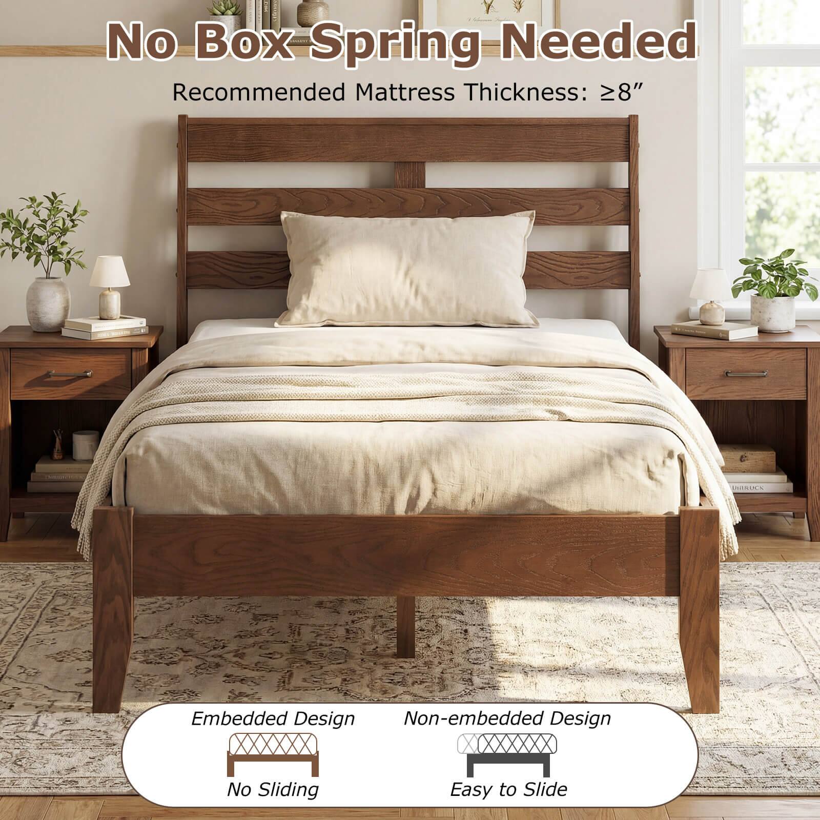 No Box Spring Needed  
Recommended Mattress Thickness: ≥8"  

Embedded Design  
No Sliding  

Non-embedded Design  
Easy to Slide