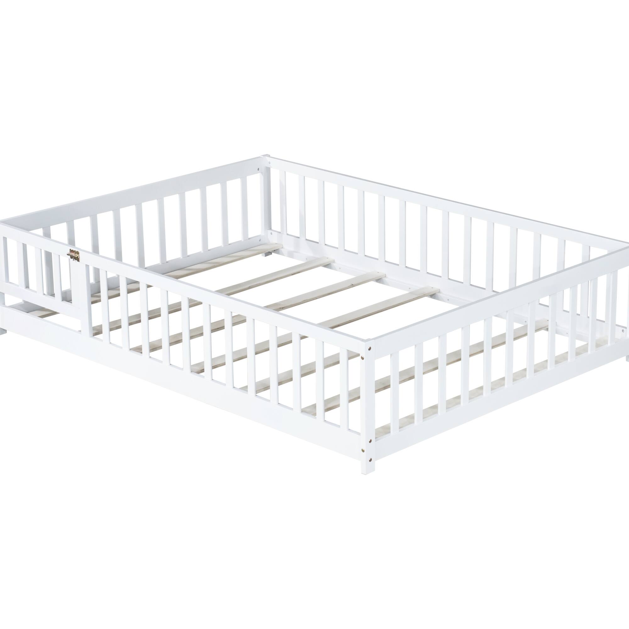 Alt View 6. GOODSILO - Full Size Low Profile Children's Floor Bed with Safety Guardrails and Entry Door, Solid Wood Construction - White.