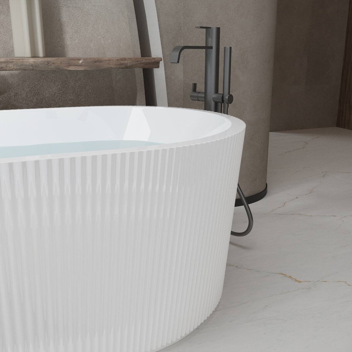 Alt View 2. Loheer - Loheer 59 in Freestanding Acrylic Soaking Bathtub, Gloss White Oval Stand Alone Tub with Center Chrome Drain - Gloss White.