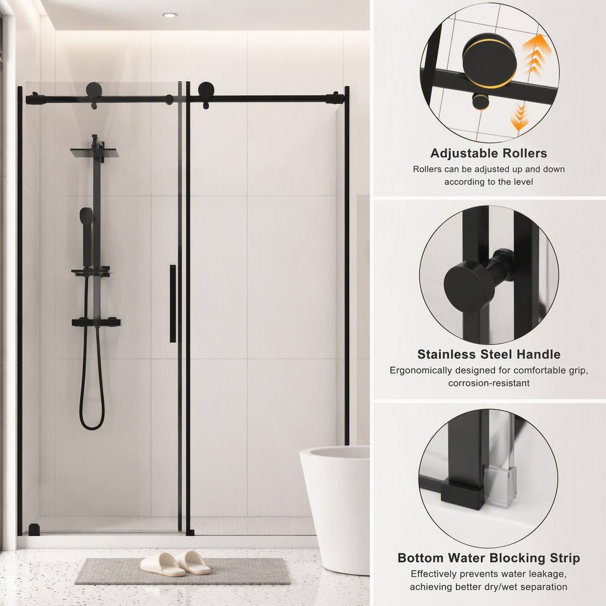 Adjustable Rollers  
Rollers can be adjusted up and down according to the level  

Stainless Steel Handle  
Ergonomically designed for comfortable grip, corrosion-resistant  

Bottom Water Blocking Strip  
Effectively prevents water leakage, achieving better dry/wet separation