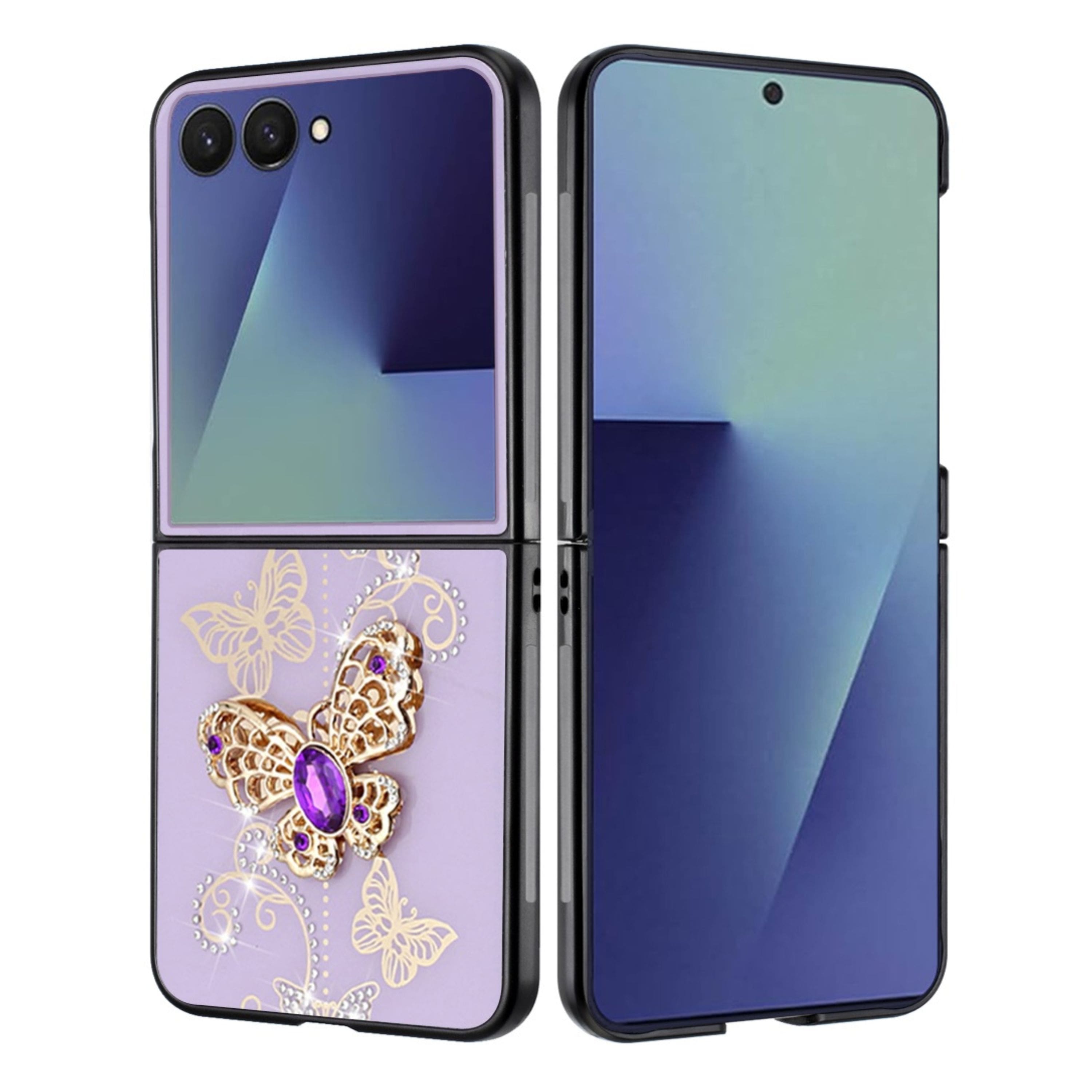 Kitcheniva - Rhinestone Glitter Cover Case With Tempered Glass For Samsung Z Flip7 Butterflies Purple - Garden Butterflies Purple