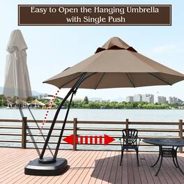 Pefilos - 11 Feet Outdoor Cantilever Hanging Umbrella with Base and Wheels-Tan, Patio Offset Umbrella with Easy Tilt Adjustment - Brown
