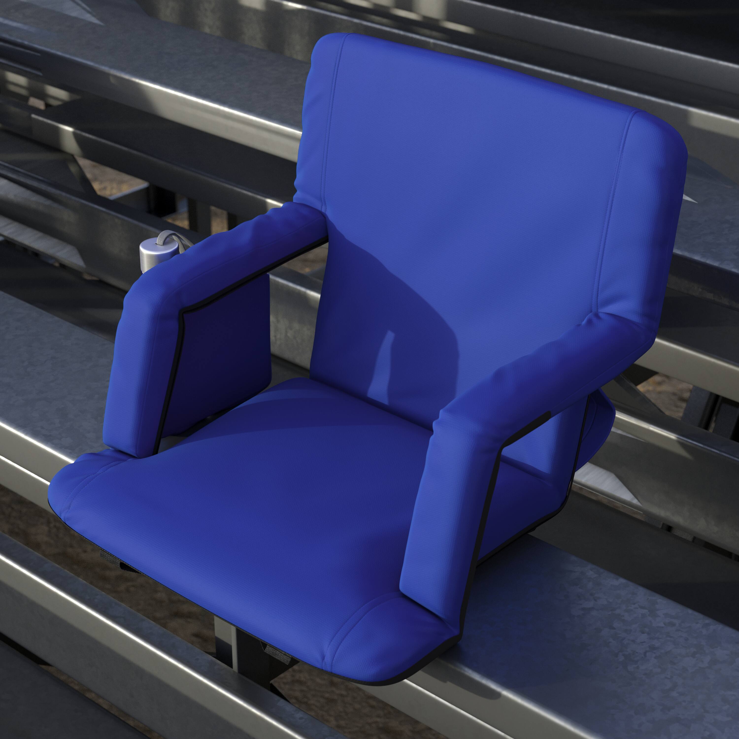 Alt View 3. Emma + Oliver - Folding Metal Stadium Chair with Padded, Reclining Back and Armrests - Blue.