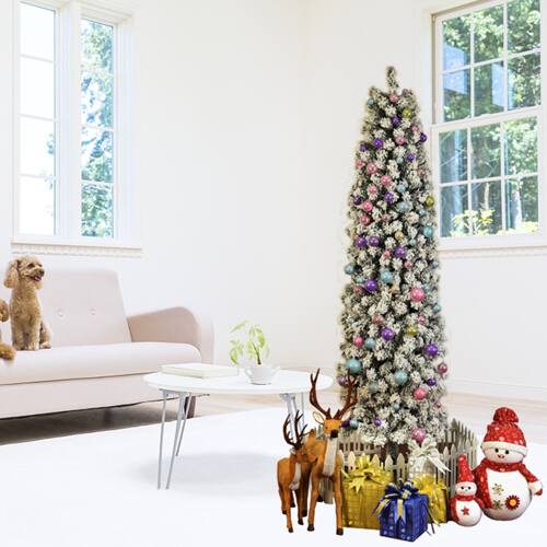 Alt View 6. Winado - 7.5FT Pencil Christmas Tree Skinny Snow Flocked with Hinged, Sturdy Stand Artificial for Indoor Holiday Party Decoration - Snowy Green.