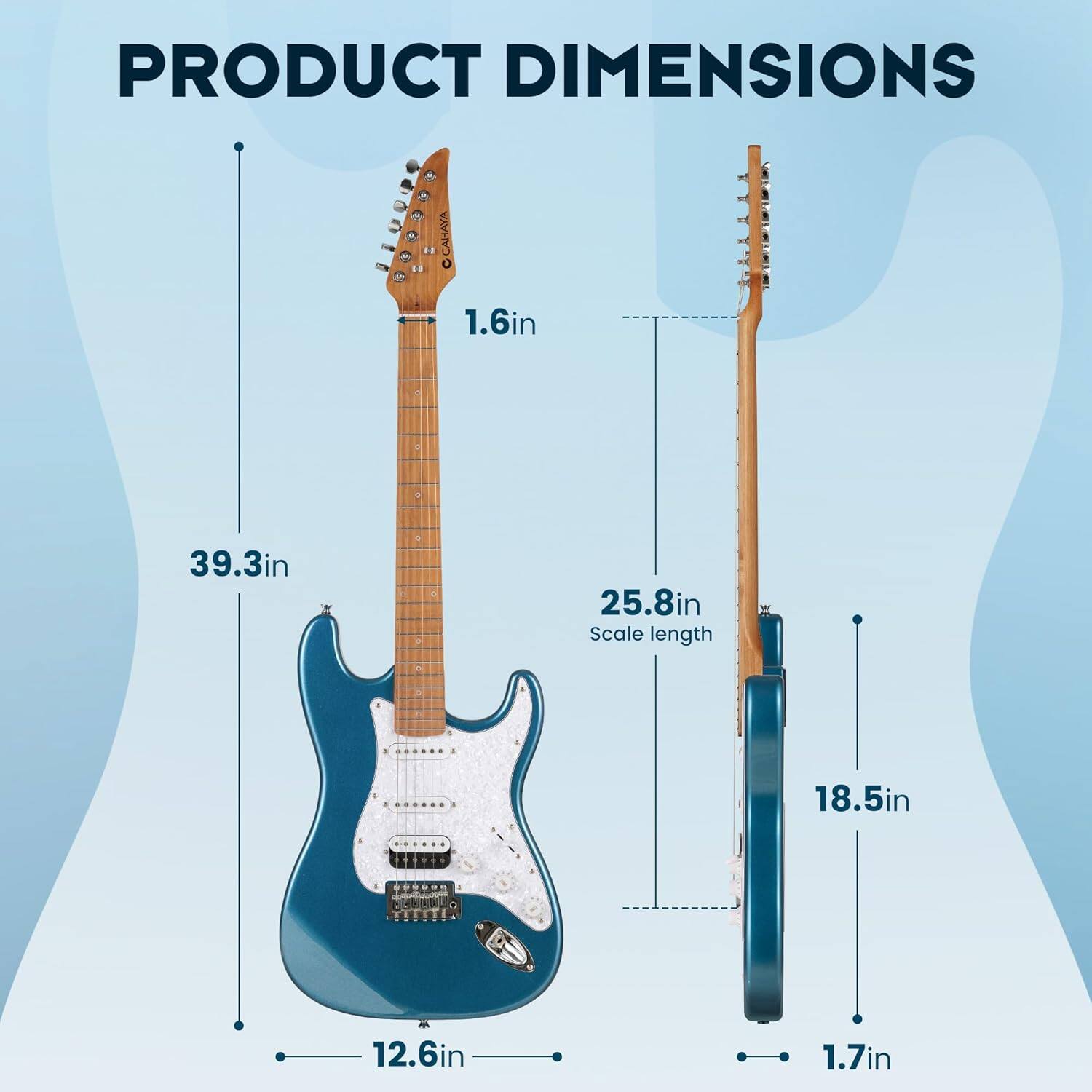 PRODUCT DIMENSIONS  
- Width: 1.6in  
- Height: 39.3in  
- Depth: 25.8in  
- Scale length: 25.8in  
- Body width: 12.6in  
- Body depth: 1.7in  
- Neck width: 1.6in  
- Neck depth: 1.7in  
- Neck length: 18.5in