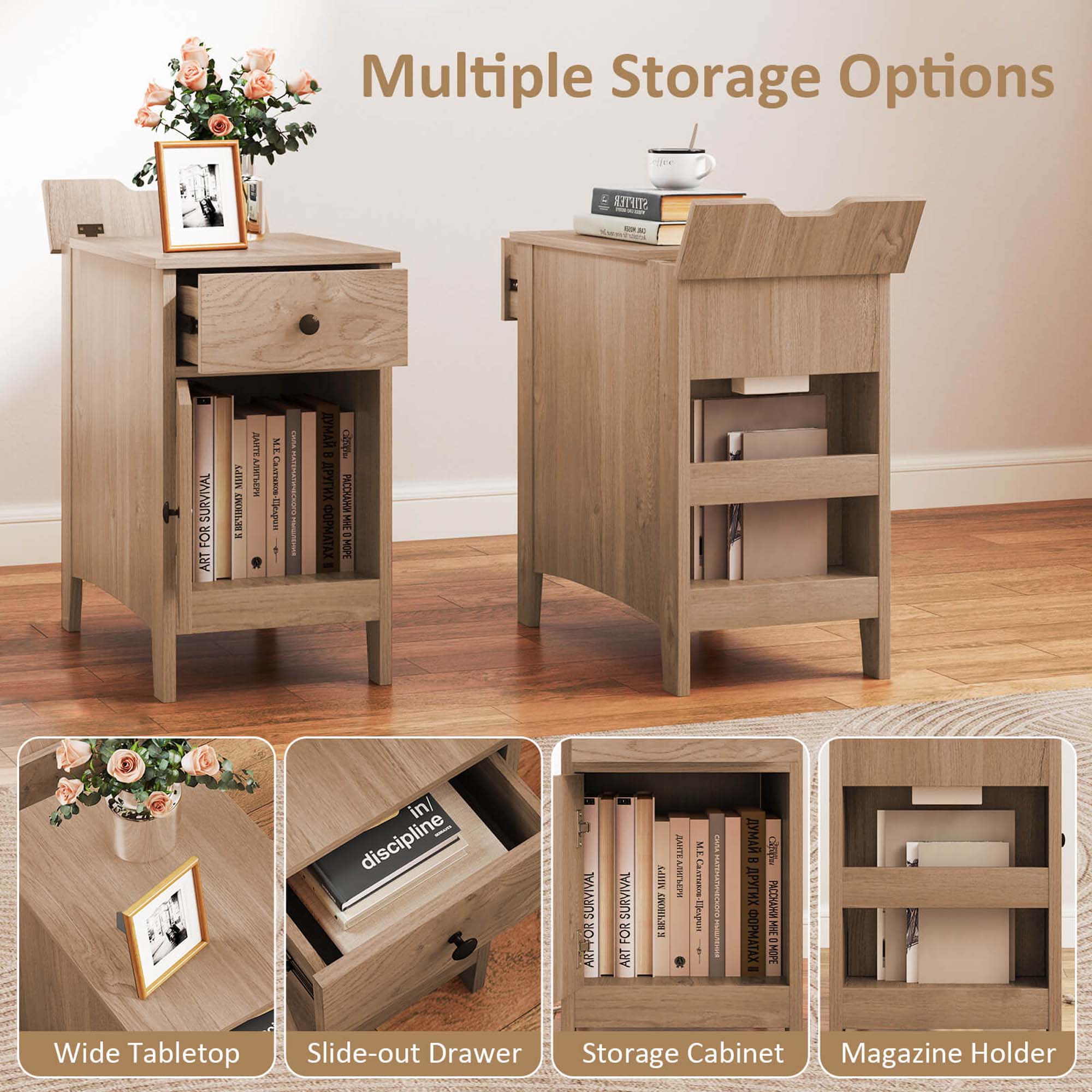 Multiple Storage Options:

1. Wide Tabletop Slide-out Drawer Storage Cabinet
2. Magazine Holder

The image features a wooden table with a drawer and a magazine holder. The table is accompanied by a vase of flowers, adding a touch of elegance to the scene. The storage options presented in the image are designed to keep items organized and easily accessible, making them suitable for various settings, such as homes, offices, or studios.
