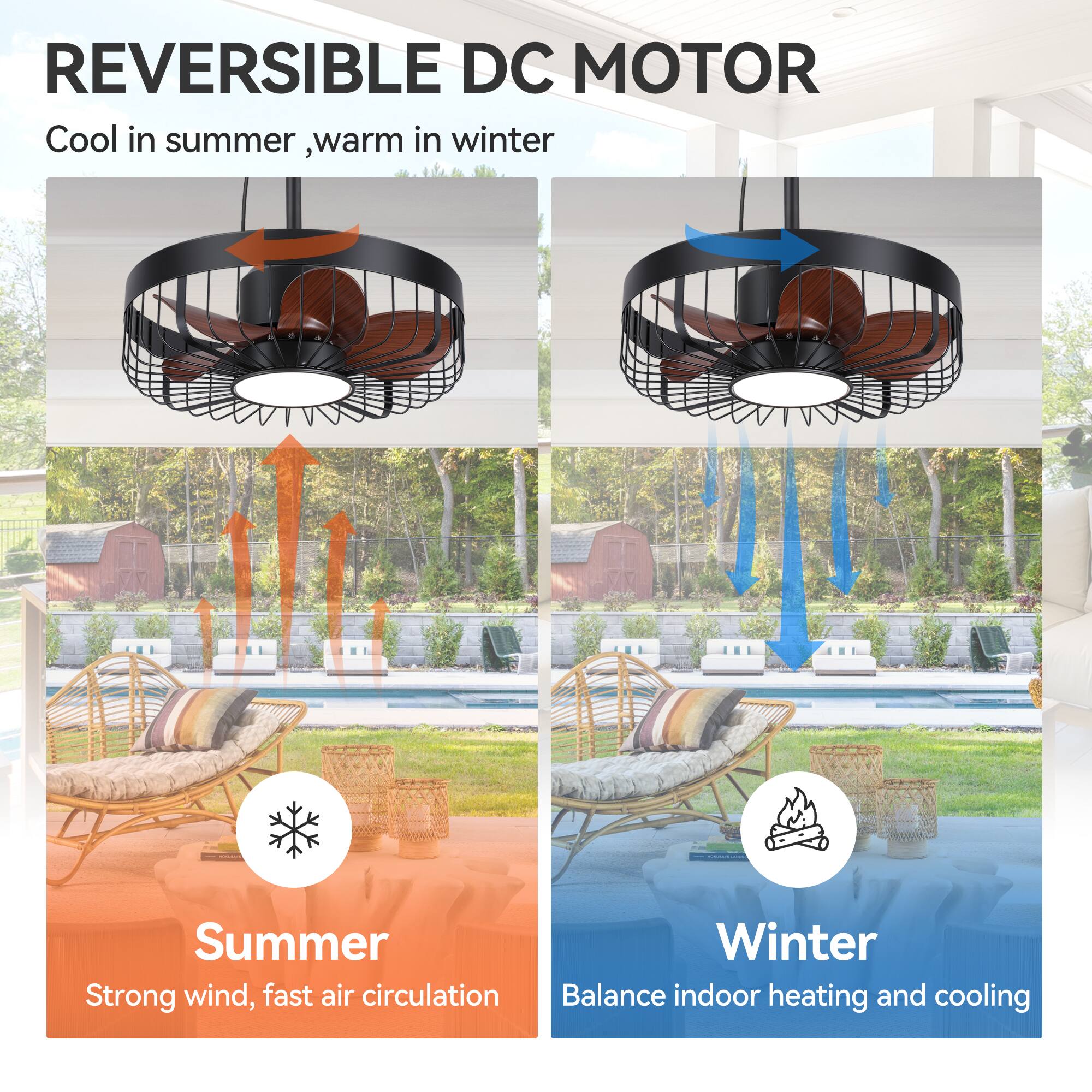 REVERSIBLE DC MOTOR  
Cool in summer, warm in winter  

Summer  
Strong wind, fast air circulation  

Winter  
Balance indoor heating and cooling