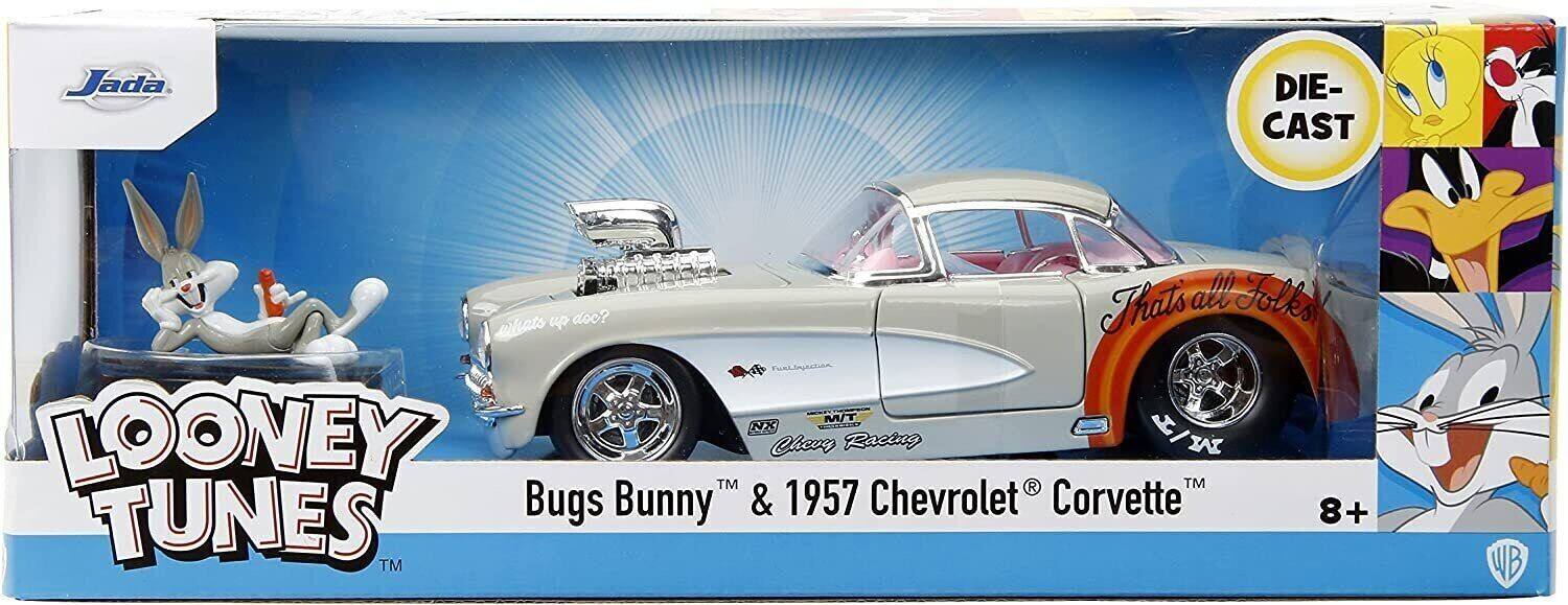 Jada DIE-CAST  
Looney Tunes  
Bugs Bunny & 1957 Chevrolet Corvette  
8+ TUNES  
TM  
WB  

That's all Folks!  
Whats up doo?  

M/T NX  
LOONEY  
Chevy Racing  
/T TM  
R TM  

Corvette™