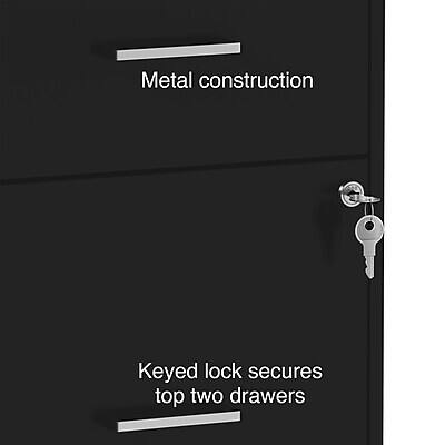 Metal construction  
Keyed lock secures top two drawers
