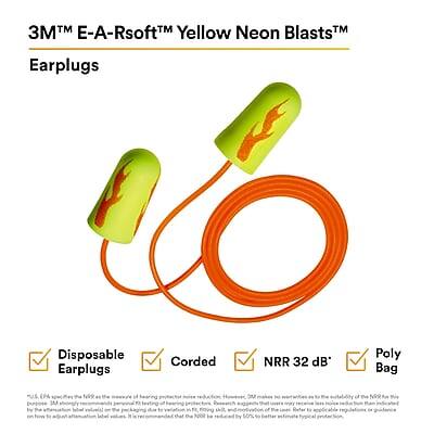 3M™ E-A-Rsoft™ Yellow Neon Blasts™ Earplugs

Disposable Earplugs
Corded
NRR 32 dB*
Poly Bag

*ULF, EPA: The NRR is the measure of hearing protection reduction. 3M makes no representations to the suitability of the NRR for this product for the estimation of hearing protection in the workplace. The NRR is based on the average attenuation of the earplugs due to variations in fit, insertion, and individual differences in ear canal size. The NRR is a guide for selecting earplugs for general use.