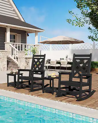 Front. Acekool - Outdoor Rocking Chair Set of 2, HDPE Weather-Resistant Adirondack Rockers, 380 lbs Support, Wood Texture, Black - Black.