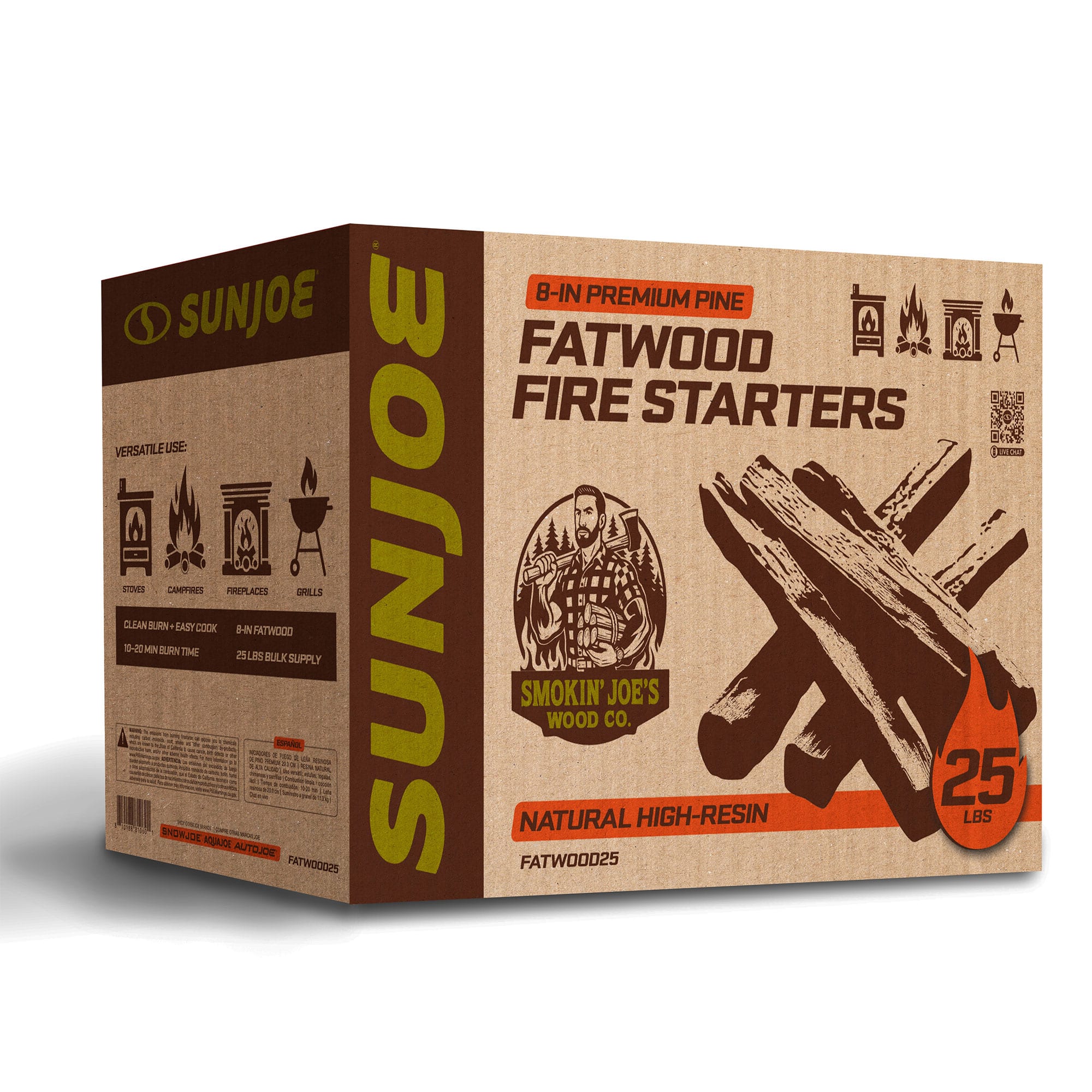 Sun Joe - 25 Lb Fatwood Fire Starter Sticks for Fireplace, Wood Stove & Grill Use - Brown