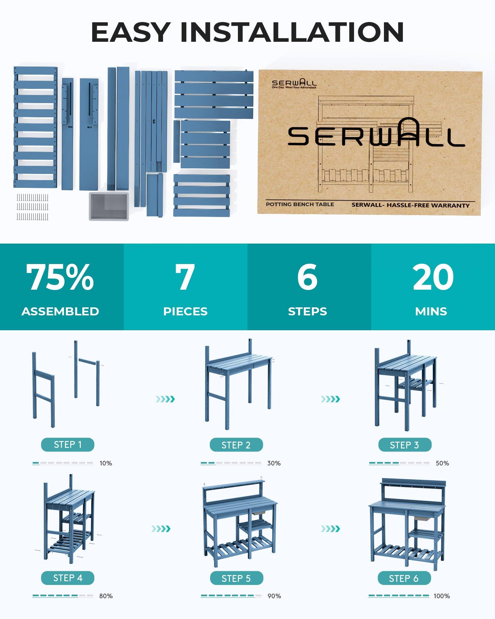 EASY INSTALLATION

SERWALL

SERWALL POTTING BENCH TABLE

SERWALL - HASSLE-FREE WARRANTY

75% ASSEMBLED

7 PIECES

6 STEPS

20 MINS

STEP 1 10%

STEP 2 30%

STEP 3 50%

STEP 4 80%

STEP 5 90%

STEP 6 100%