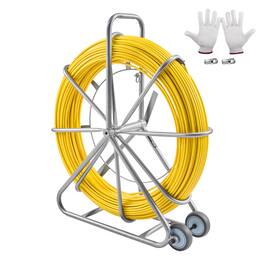 VEVOR - Fish Tape Fiberglass, 656 ft, 5/16 in, Duct Rodder Fishtape Wire Puller, Cable Running Rod with Steel Reel Stand - Silver;Yellow