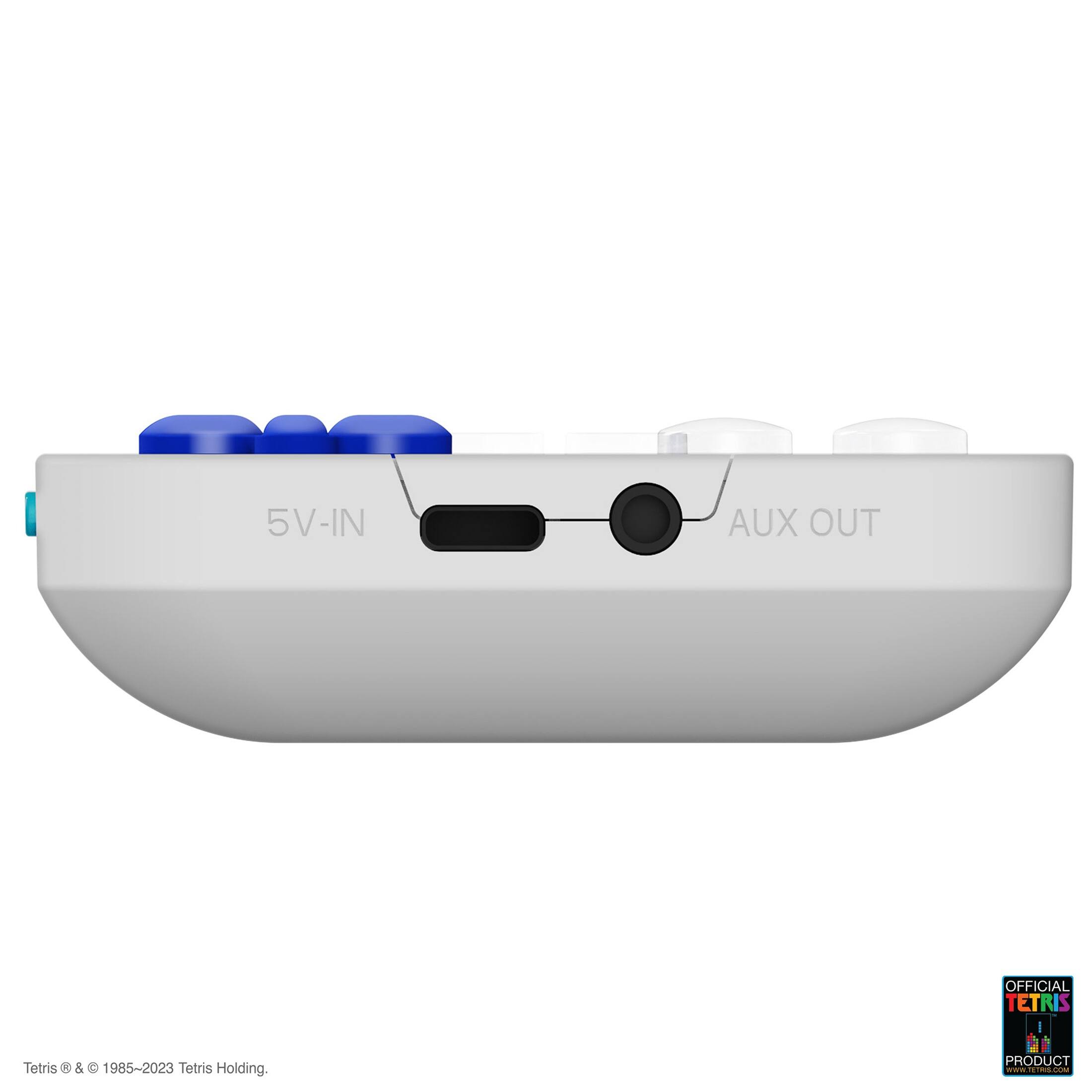 The text on the image reads "5V-IN AUX OUT OFFICIAL TETRIS I Tetris C & 1985-2023 Tetris Holding. PRODUCT -.. ." It is grouped as follows:

"5V-IN AUX OUT OFFICIAL TETRIS I Tetris C & 1985-2023 Tetris Holding. PRODUCT -.. ."