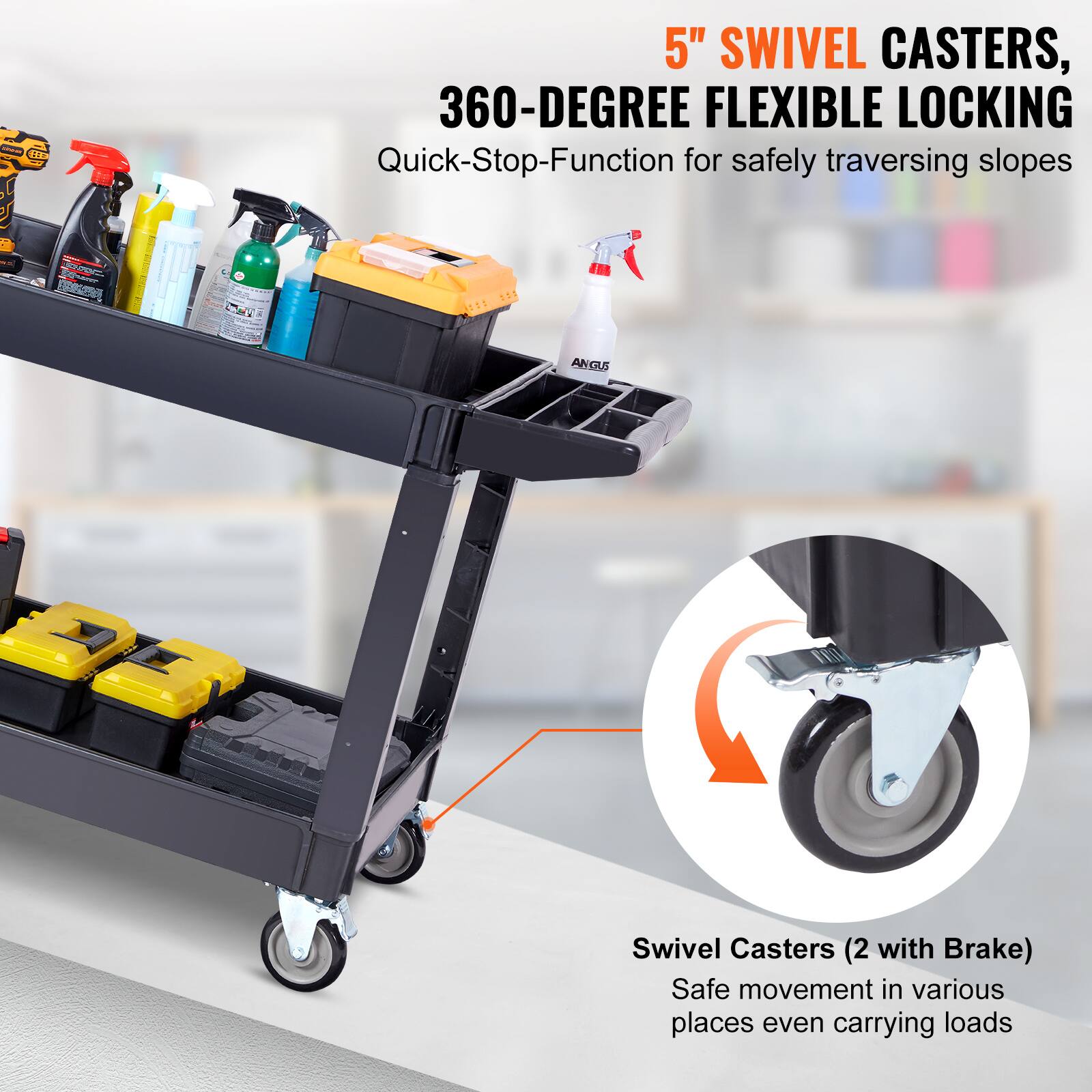 5" SWIVEL CASTERS, 360-DEGREE FLEXIBLE LOCKING Quick-Stop-Function for safely traversing slopes

ANGUS Swivel Casters (2 with Brake) Safe movement in various places even carrying loads