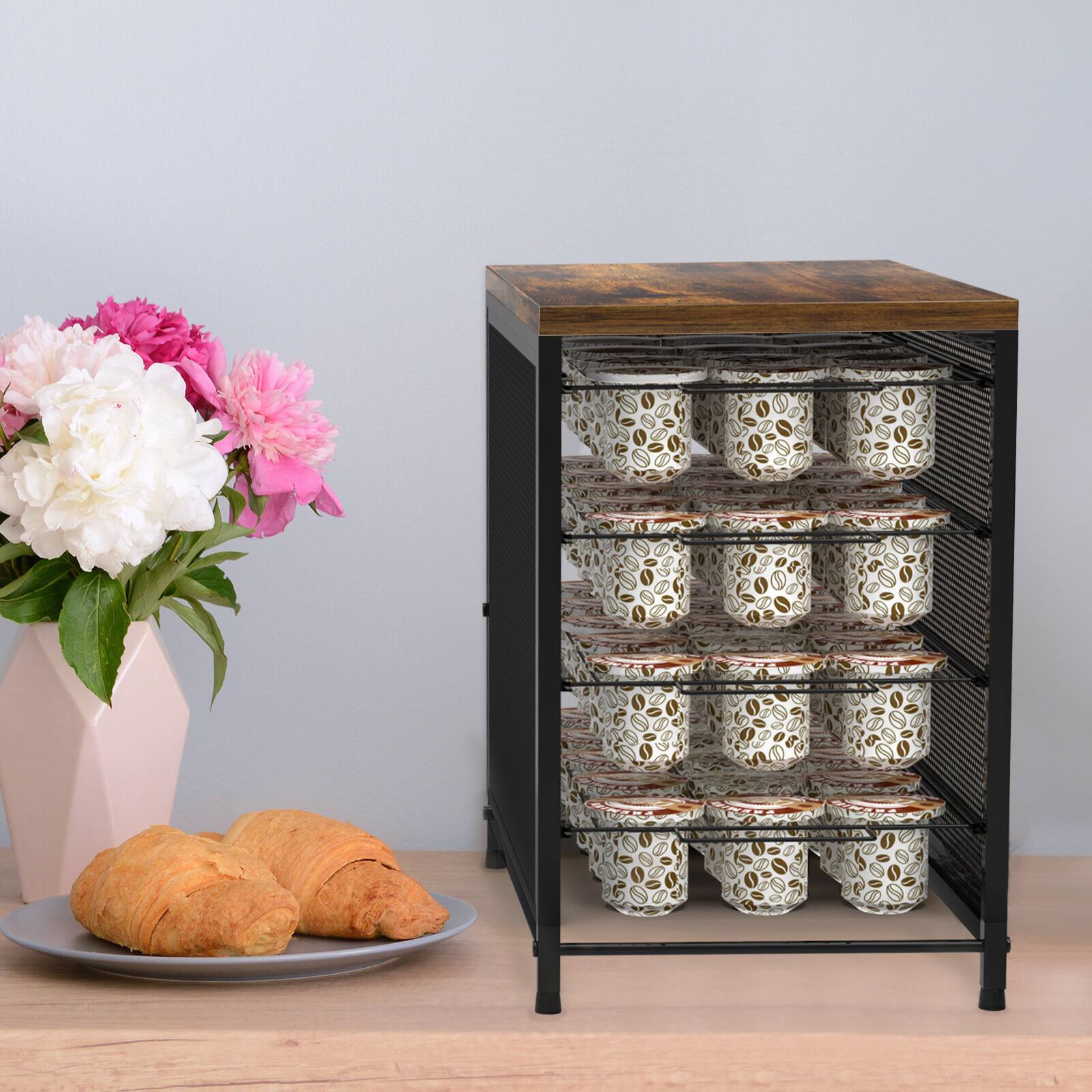Alt View 1. Oumilen - 4-Tier Pull-Out K-Cup Storage Drawer with Rustic Wood Top.