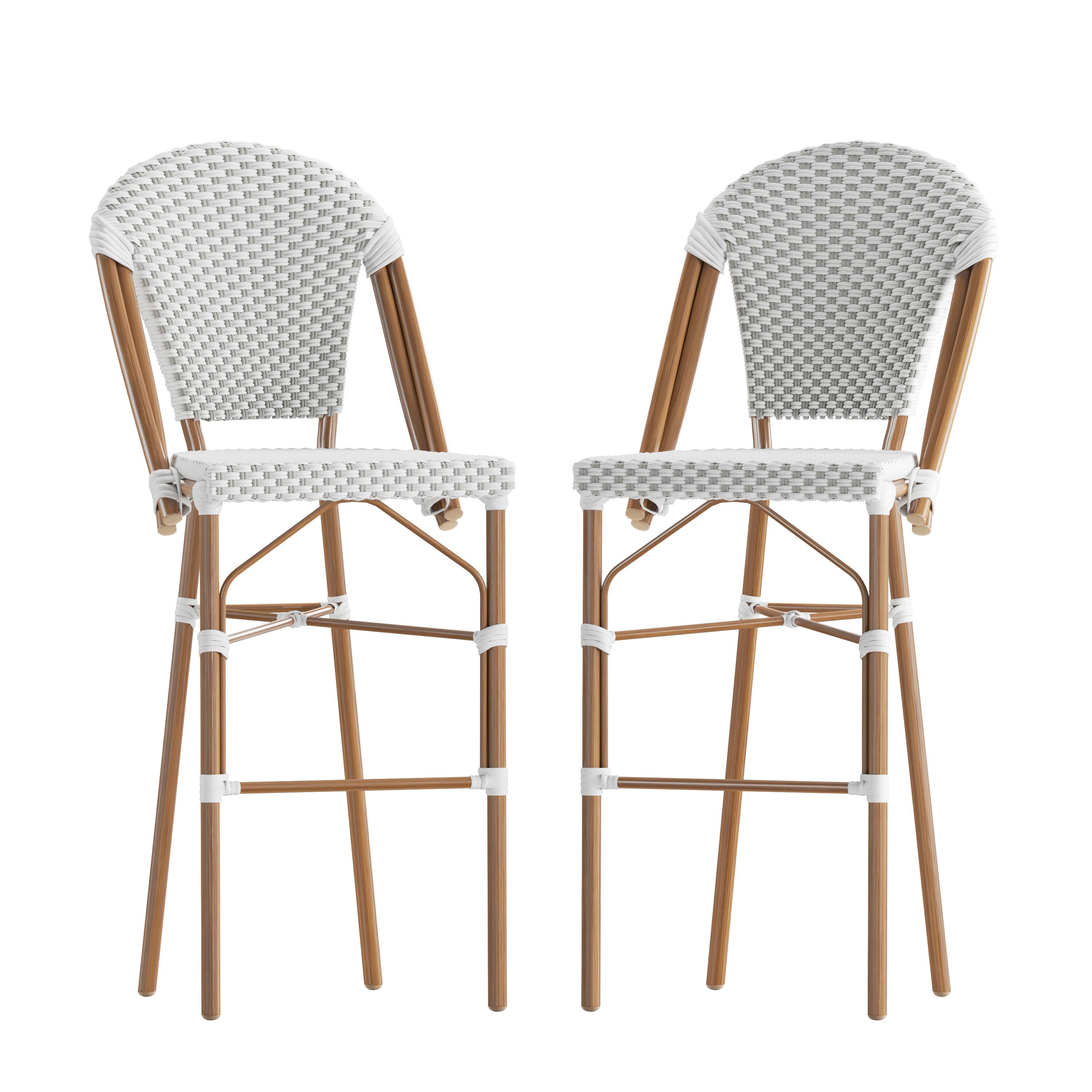 Front. Emma + Oliver - Colmar Set of Two Indoor/Outdoor 30" High Stacking Bistro Counter Stools with Patterned Seat and Back and Metal Frames - White & Gray/Natural Frame.