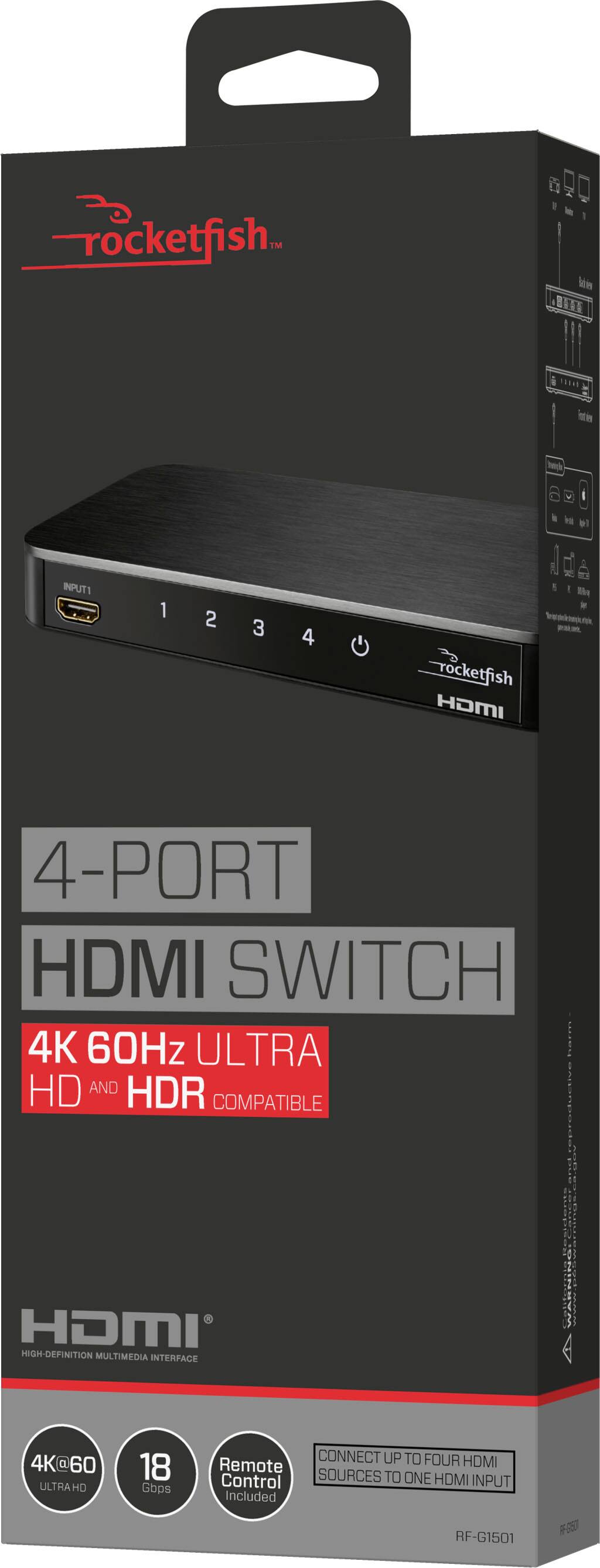 rocketfish 4-PORT HDMI SWITCH 4K 60Hz ULTRA HD AND HDR COMPATIBLE HDMI HIGH-DEFINITION MULTIMEDIA INTERFACE 4K@60 ULTRAHD HO 18 Gops CONNECT UP TO FOUR HDMI Remote Control SOURCES TO ONE HDMI INPUT Included RF-G1501