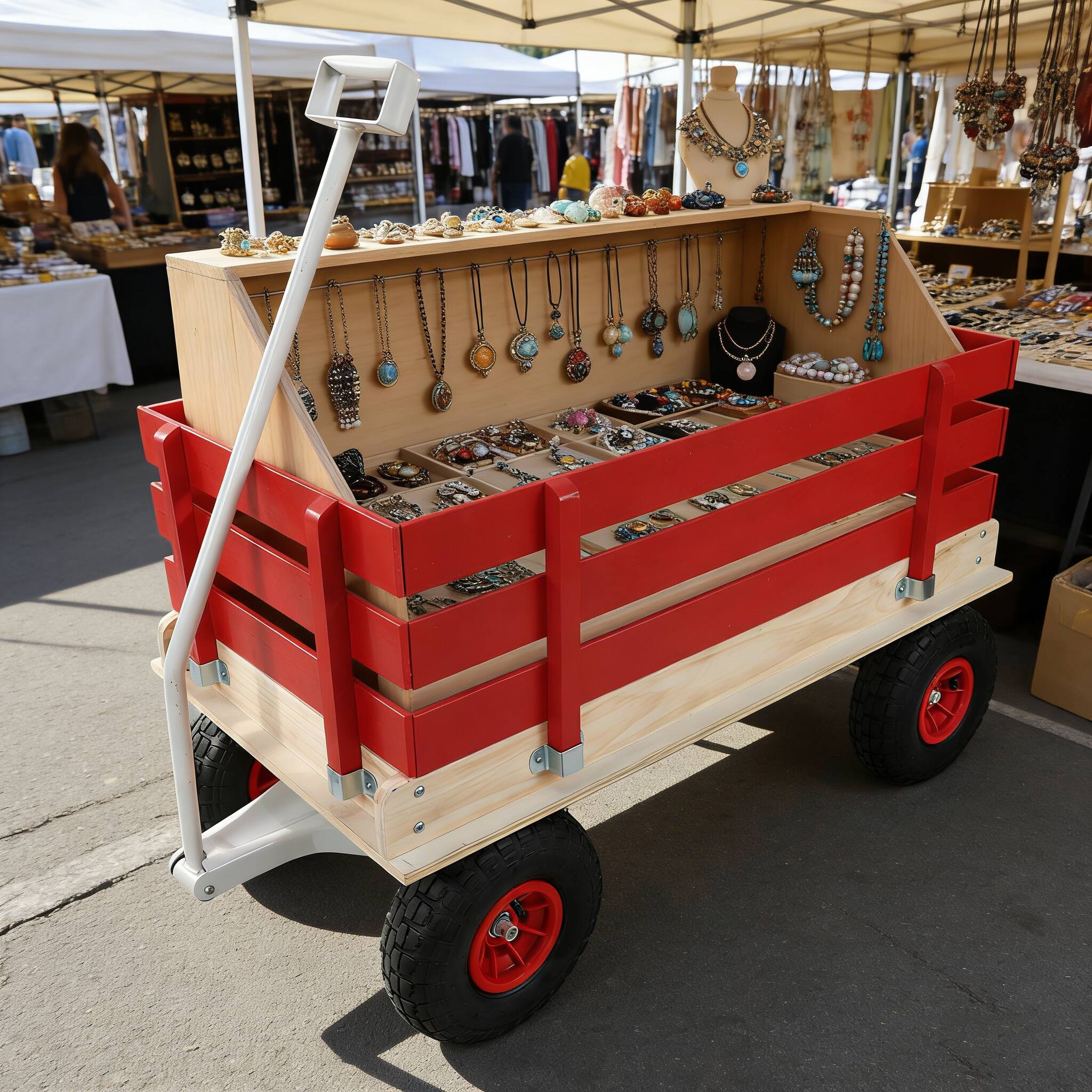 Alt View 2. Whisen - Wooden Utility Wagon with Folding Handle, Heavy Duty Outdoor Wagon & Garden Cart for Kids & Camping - Red.