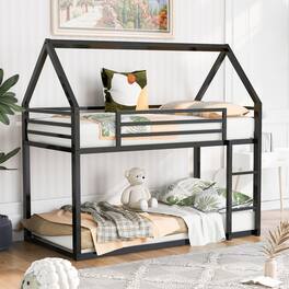 GOODSILO - Space-Saving Twin Over Twin Metal Bunk Bed with Built-In Ladder and Playhouse Design - Black